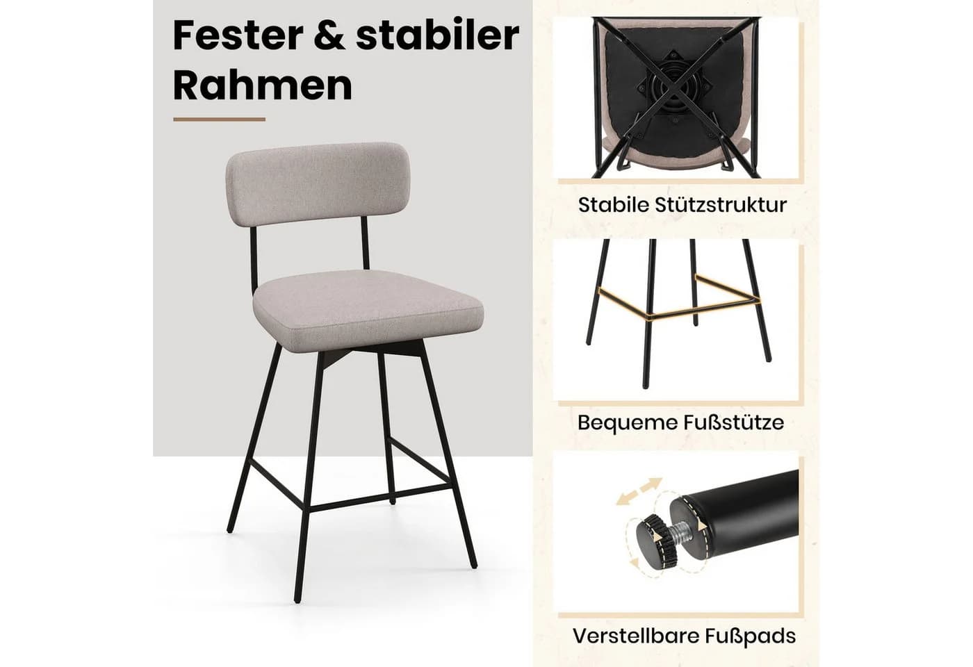 KOMFOTTEU Barhocker 2er-Set Küchenstühle drehbar mit Rückenlehne und Fußstütze - Bild 5