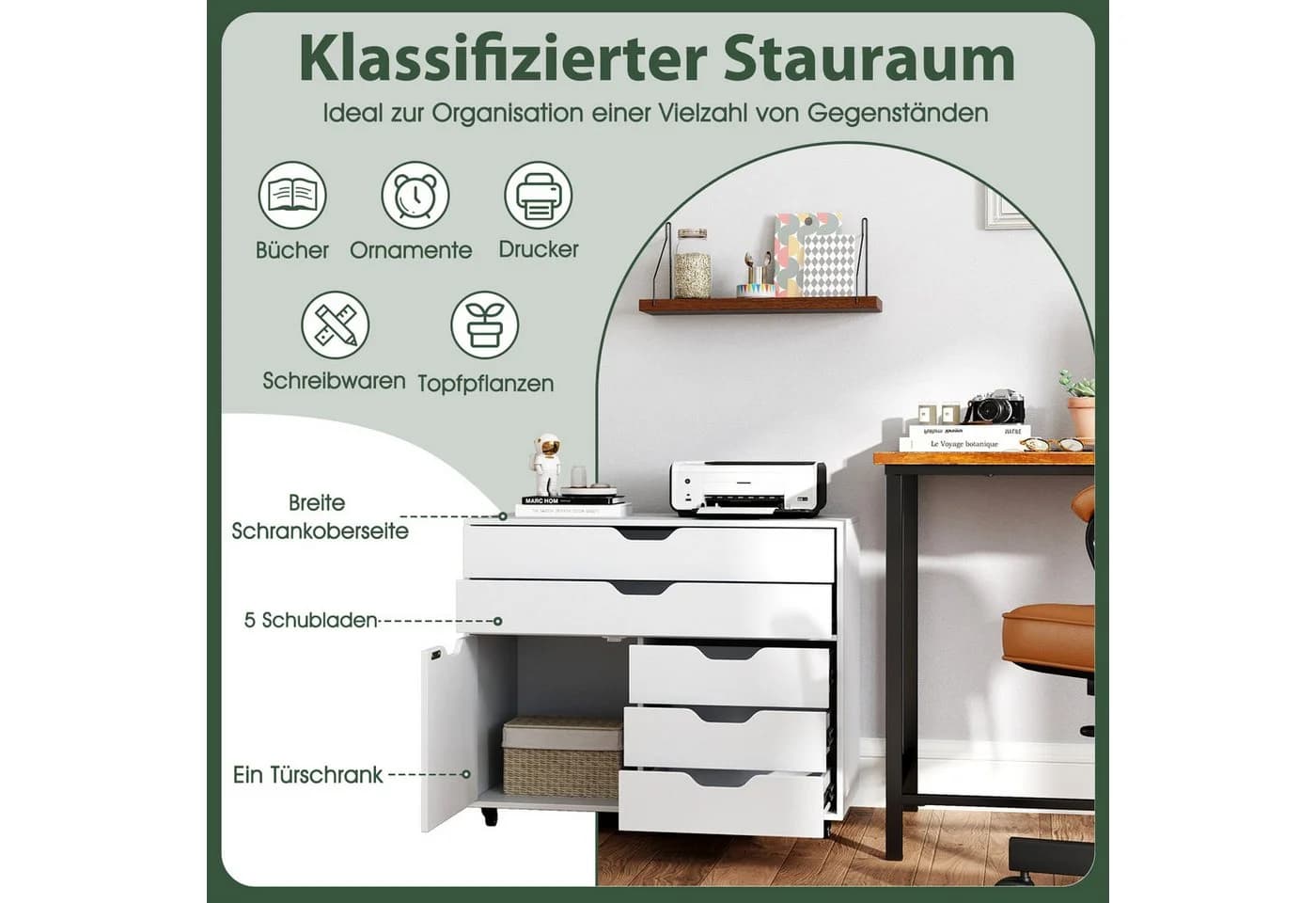 COSTWAY Rollcontainer mit 5 Schubladen Büroschrank mit Rollen Weiß - Bild 3
