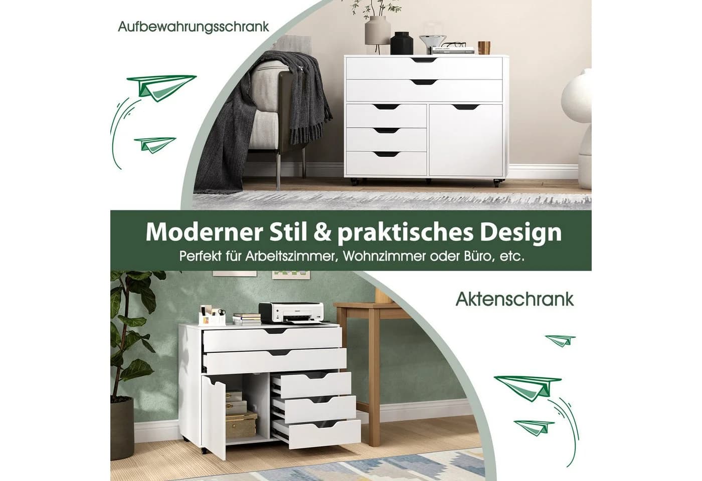 COSTWAY Rollcontainer mit 5 Schubladen Büroschrank mit Rollen Weiß - Bild 4