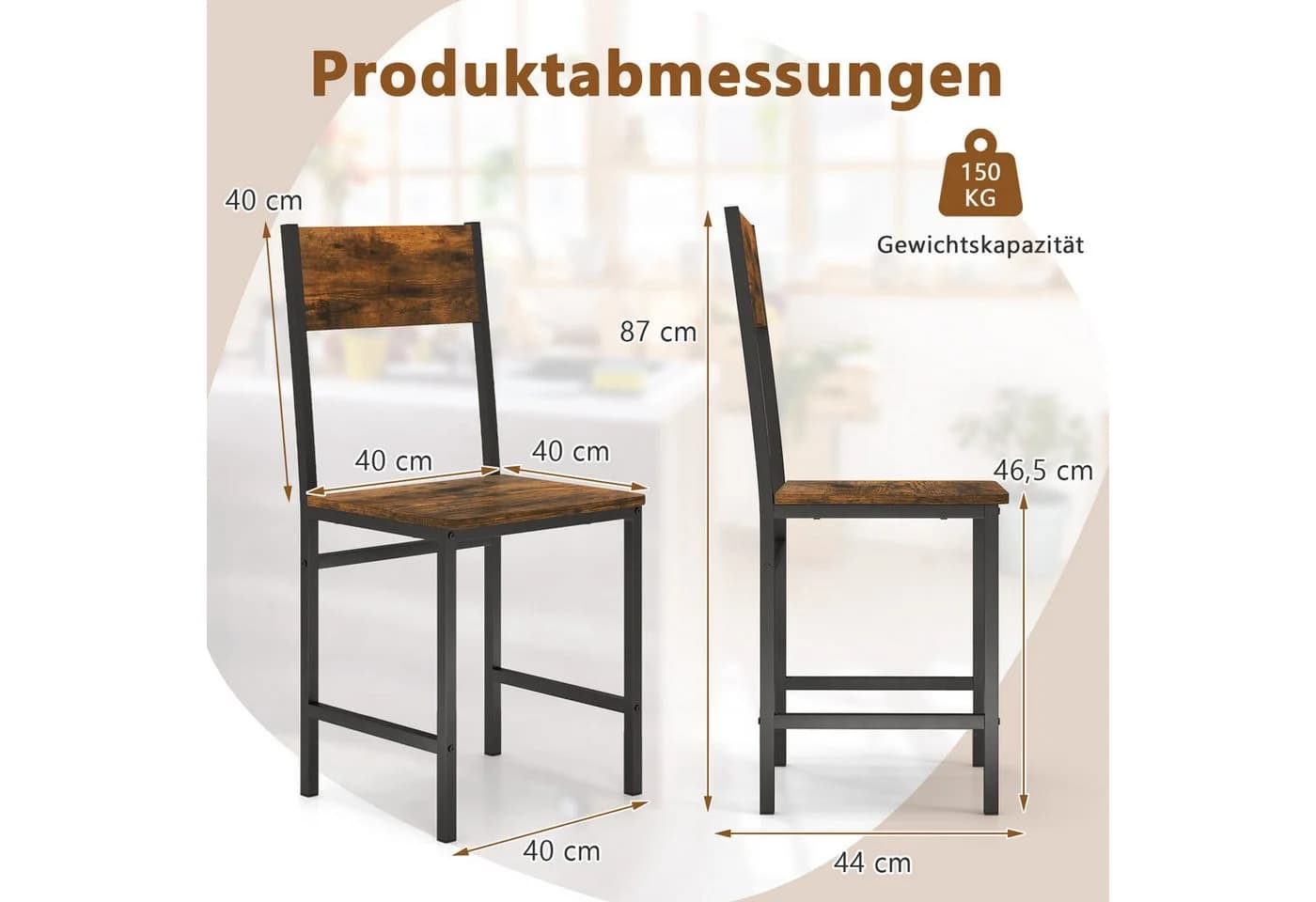 COSTWAY Esszimmerstuhl 2er Set Rustikal Braun Metallrahmen - Bild 3