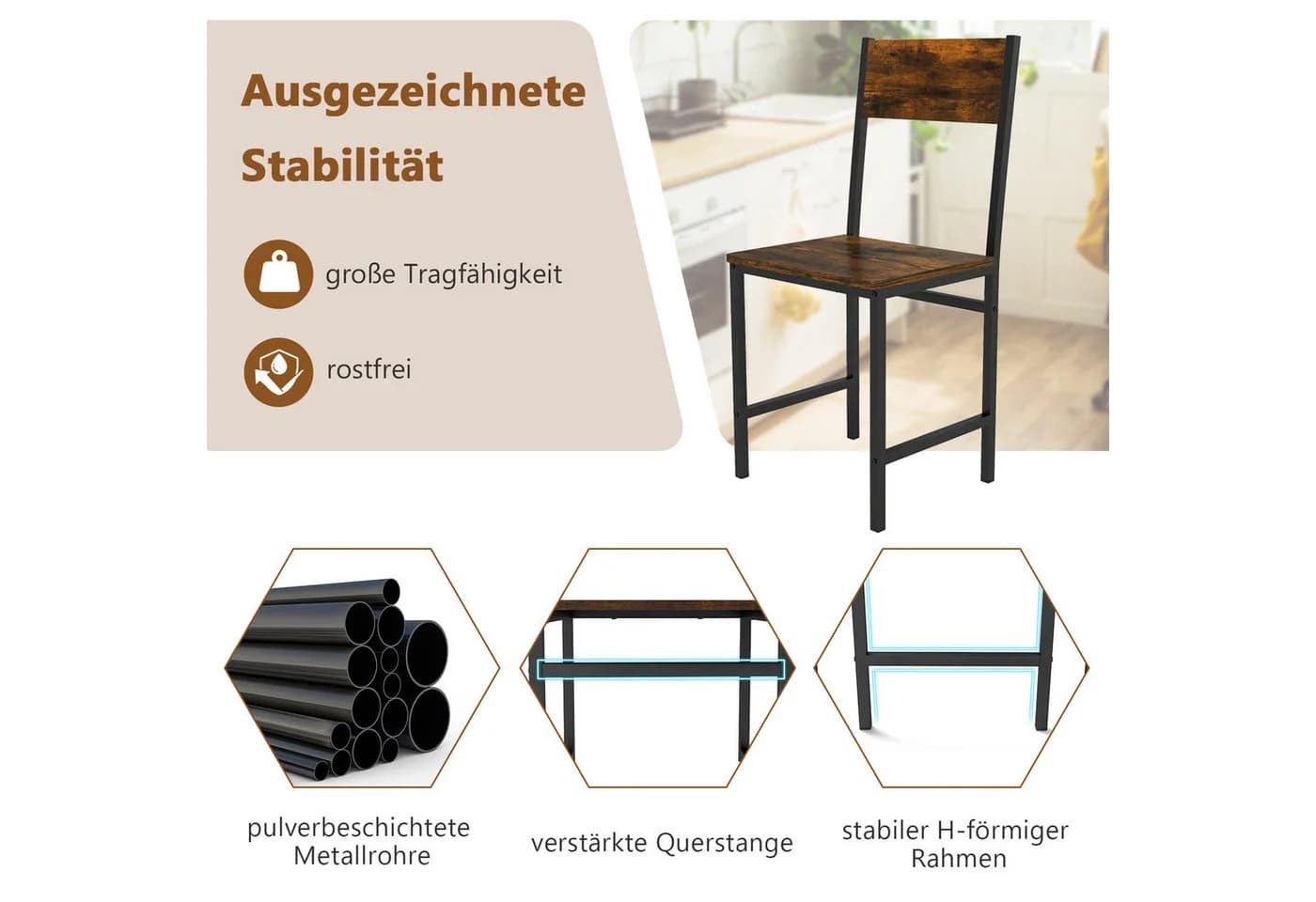 COSTWAY Esszimmerstuhl 2er Set Rustikal Braun Metallrahmen - Bild 5
