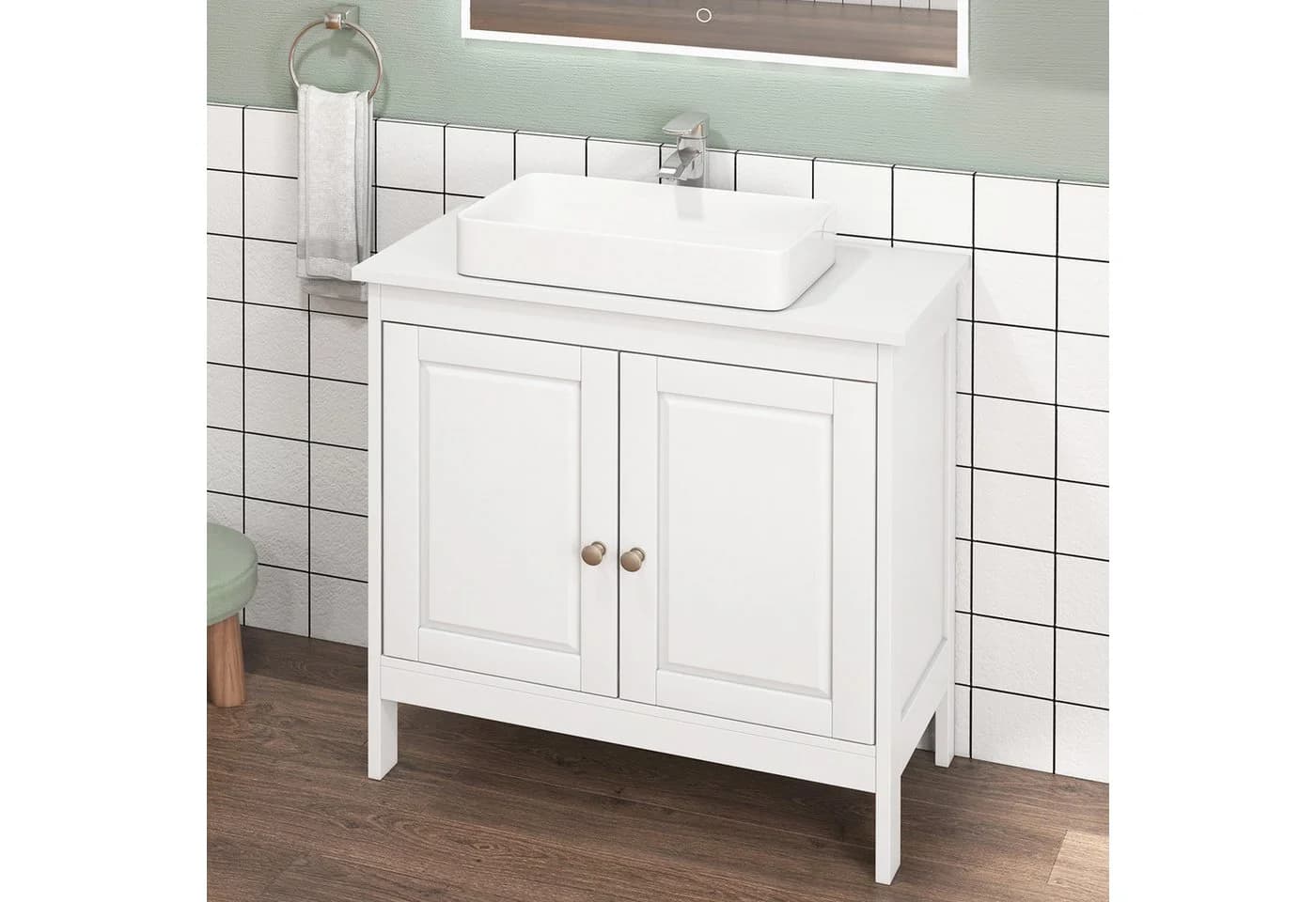 COSTWAY Waschbeckenunterschrank Weiß mit verstellbarem Regal