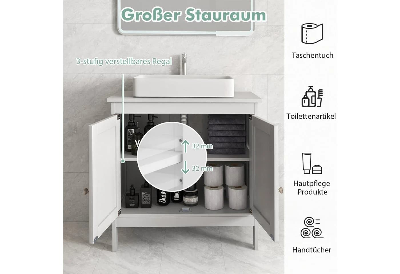 COSTWAY Waschbeckenunterschrank Weiß mit verstellbarem Regal - Bild 4