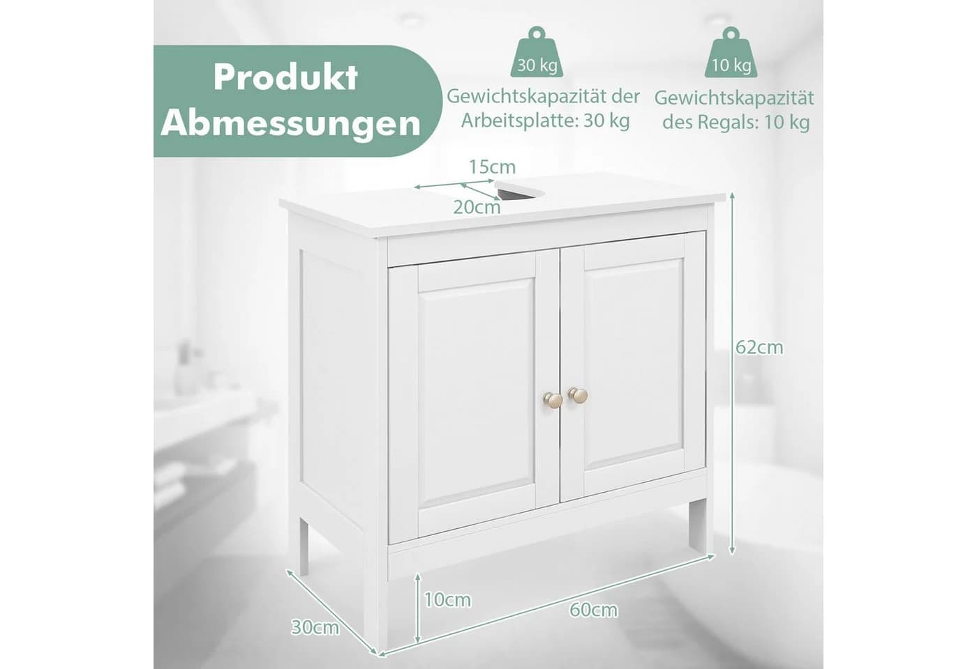 COSTWAY Waschbeckenunterschrank Weiß mit verstellbarem Regal - Bild 5
