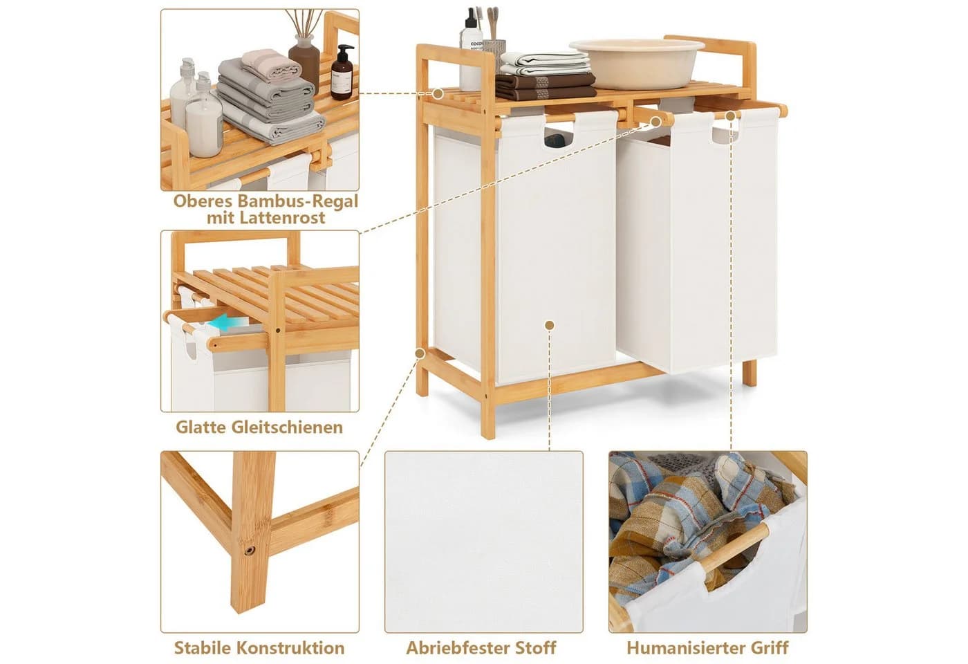 COSTWAY Wäschekorb Bambus 2 Fächer mit Ablage - Bild 3