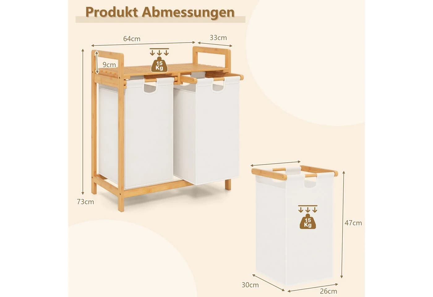 COSTWAY Wäschekorb Bambus 2 Fächer mit Ablage - Bild 5