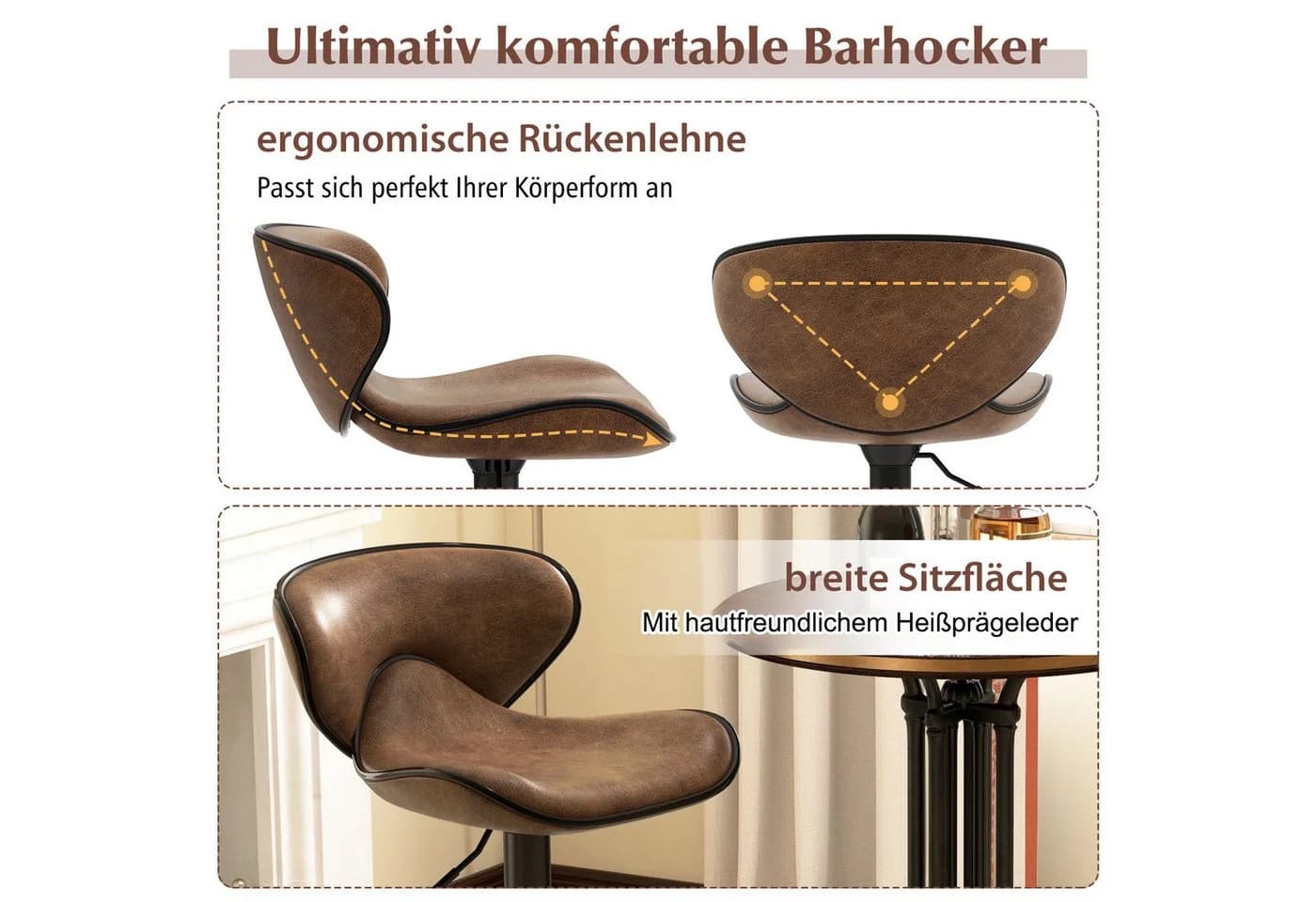 COSTWAY Barhocker (2 St.) mit Fußstütze & Lehne, drehbar, Sitzhöhe 65-85 cm - Bild 3