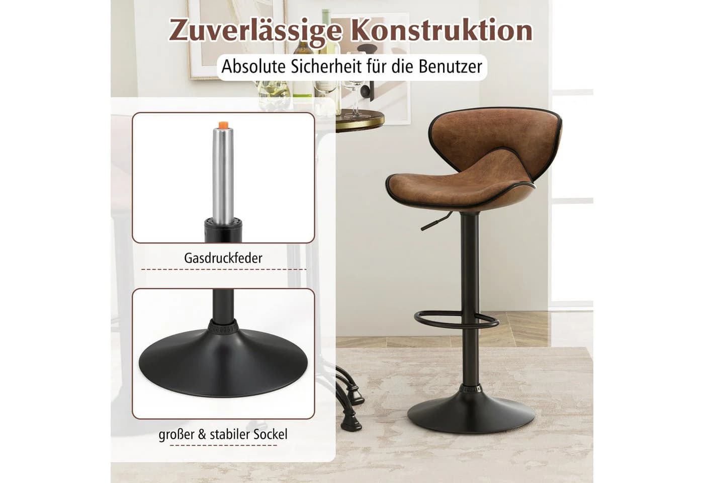 COSTWAY Barhocker (2 St.) mit Fußstütze & Lehne, drehbar, Sitzhöhe 65-85 cm - Bild 4