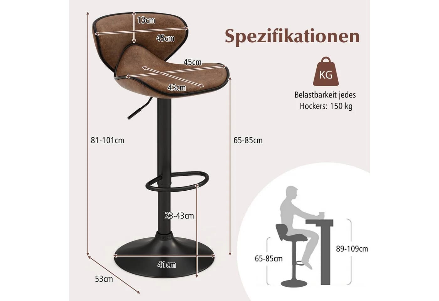 COSTWAY Barhocker (2 St.) mit Fußstütze & Lehne, drehbar, Sitzhöhe 65-85 cm - Bild 5