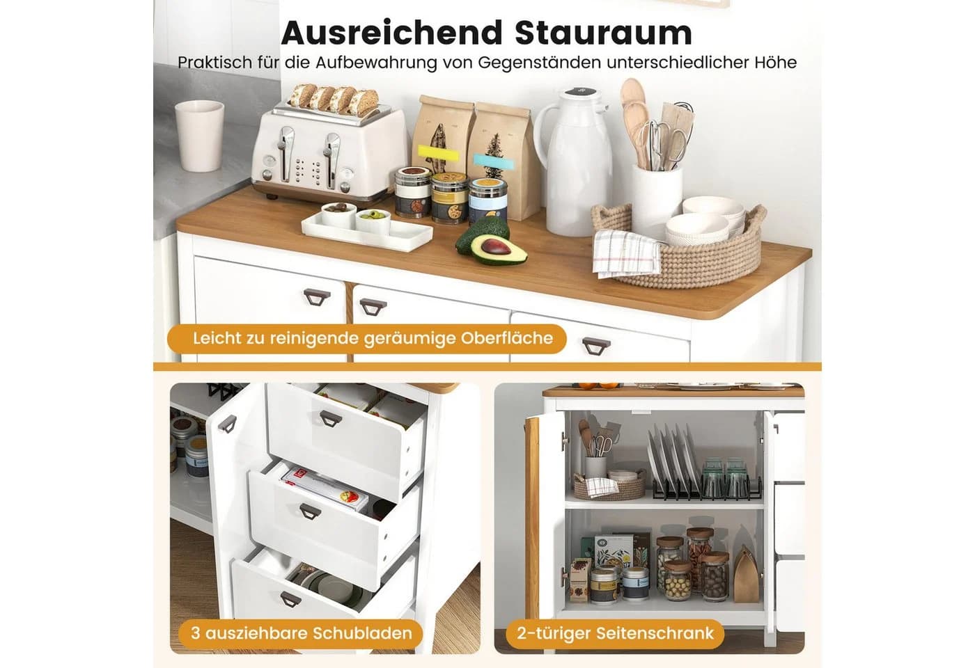 COSTWAY Küchenbuffet mit 2 Türen & 3 Schubladen Weiß - Bild 3