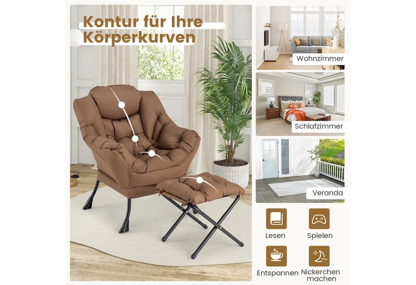 COSTWAY Relaxsessel mit Hocker, 150kg belastbar, ergonomisch, Polyester - Bild 5