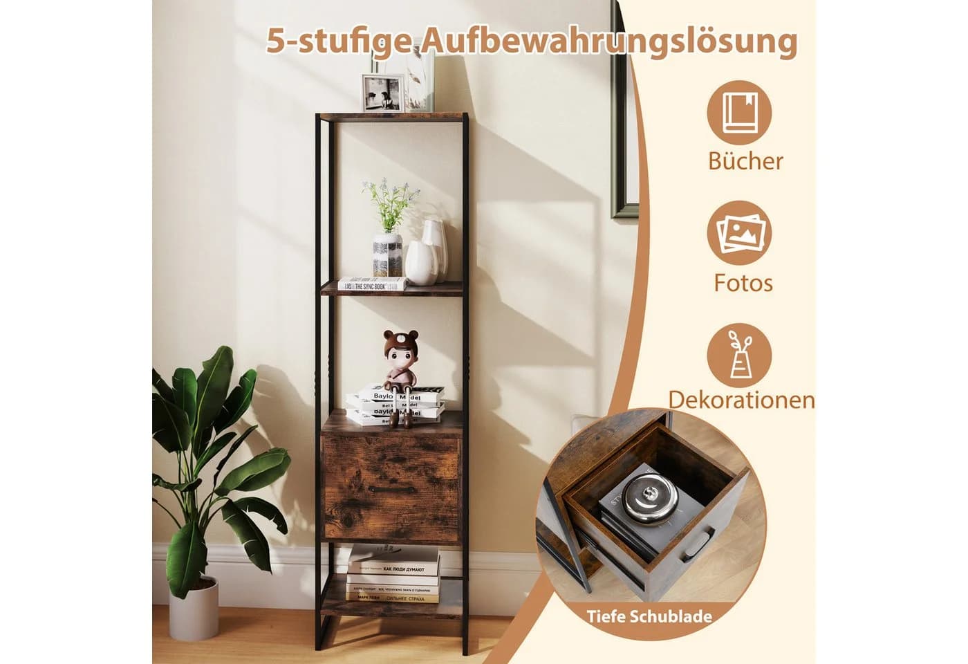 COSTWAY Bücherregal Metallrahmen mit Schublade Braun/Gold - Bild 3