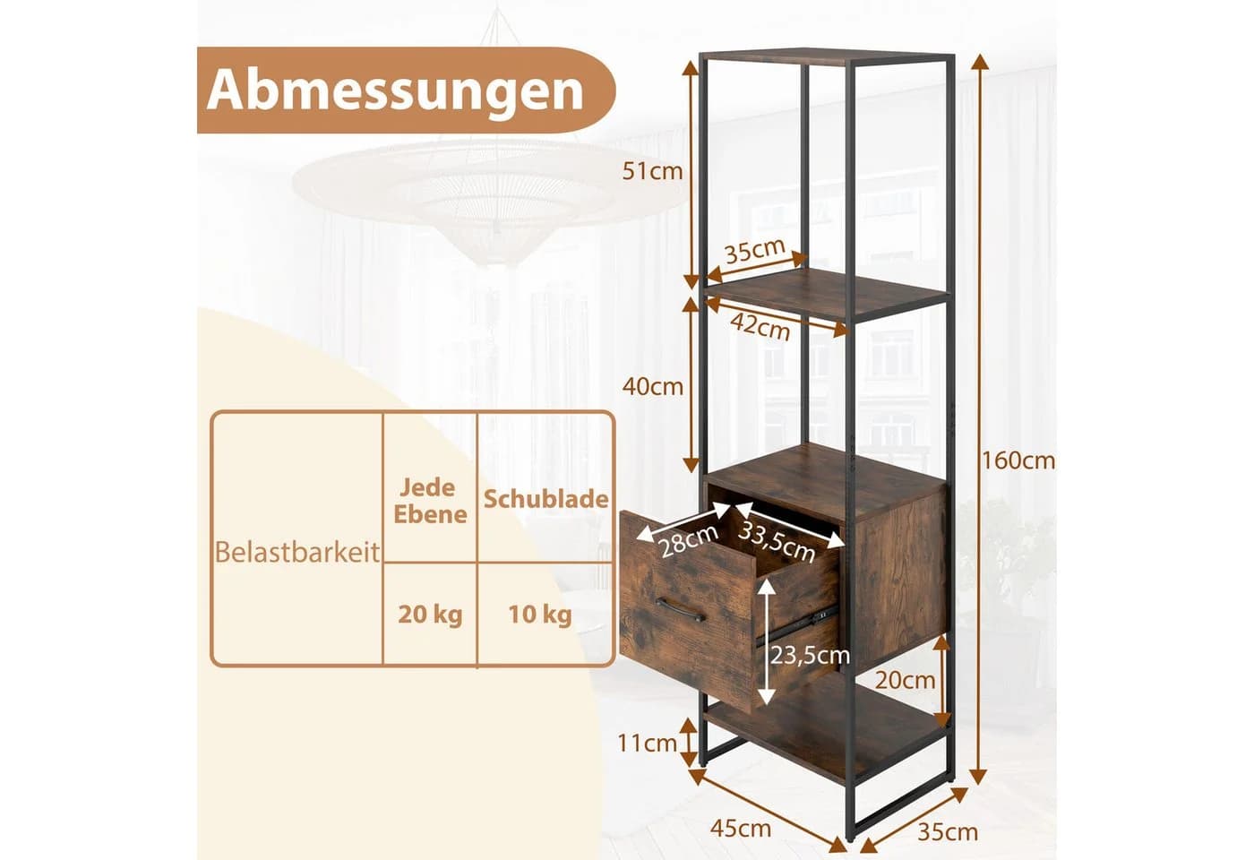 COSTWAY Bücherregal Metallrahmen mit Schublade Braun/Gold - Bild 5