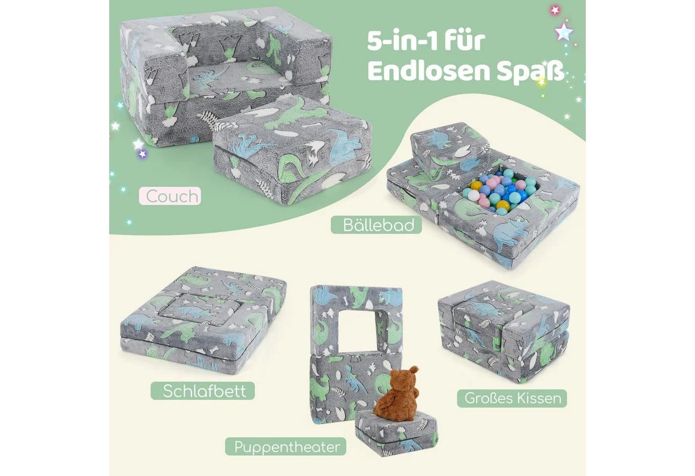 COSTWAY Kindersofa Grau Bunt Leuchtend Abnehmbarer Bezug