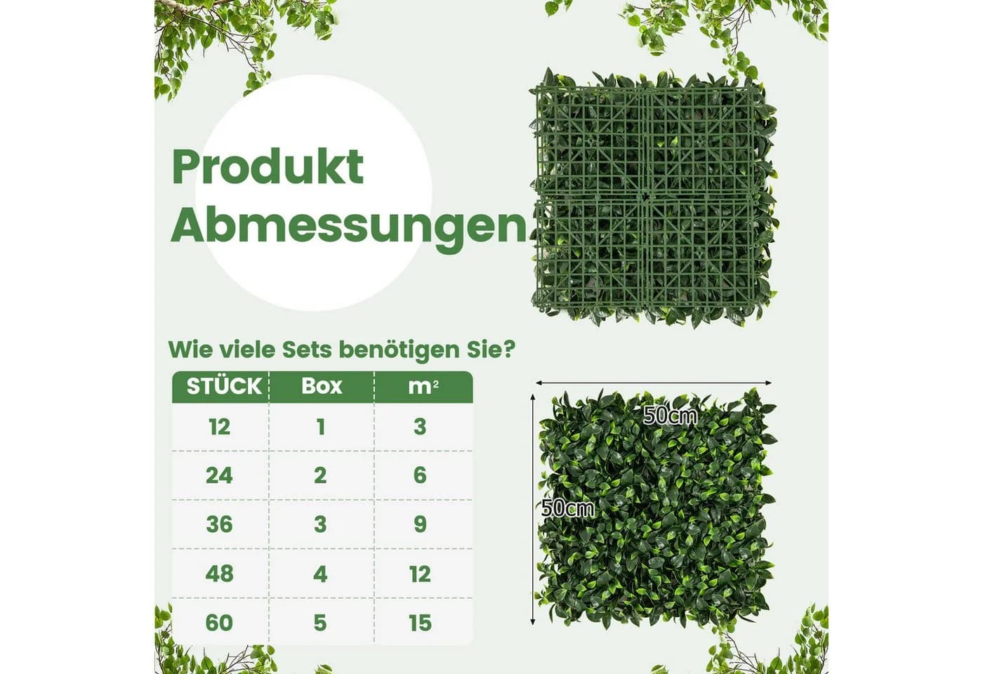 COSTWAY Kunstpflanzenwand 12 St. UV-beständig Grün PE-Material - Bild 3