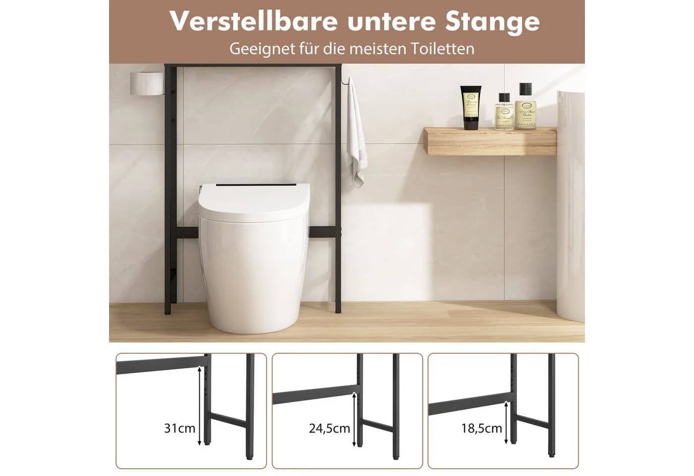 COSTWAY Badregal 3 Ebenen Weiß mit 2 Türen & Haken - Bild 4