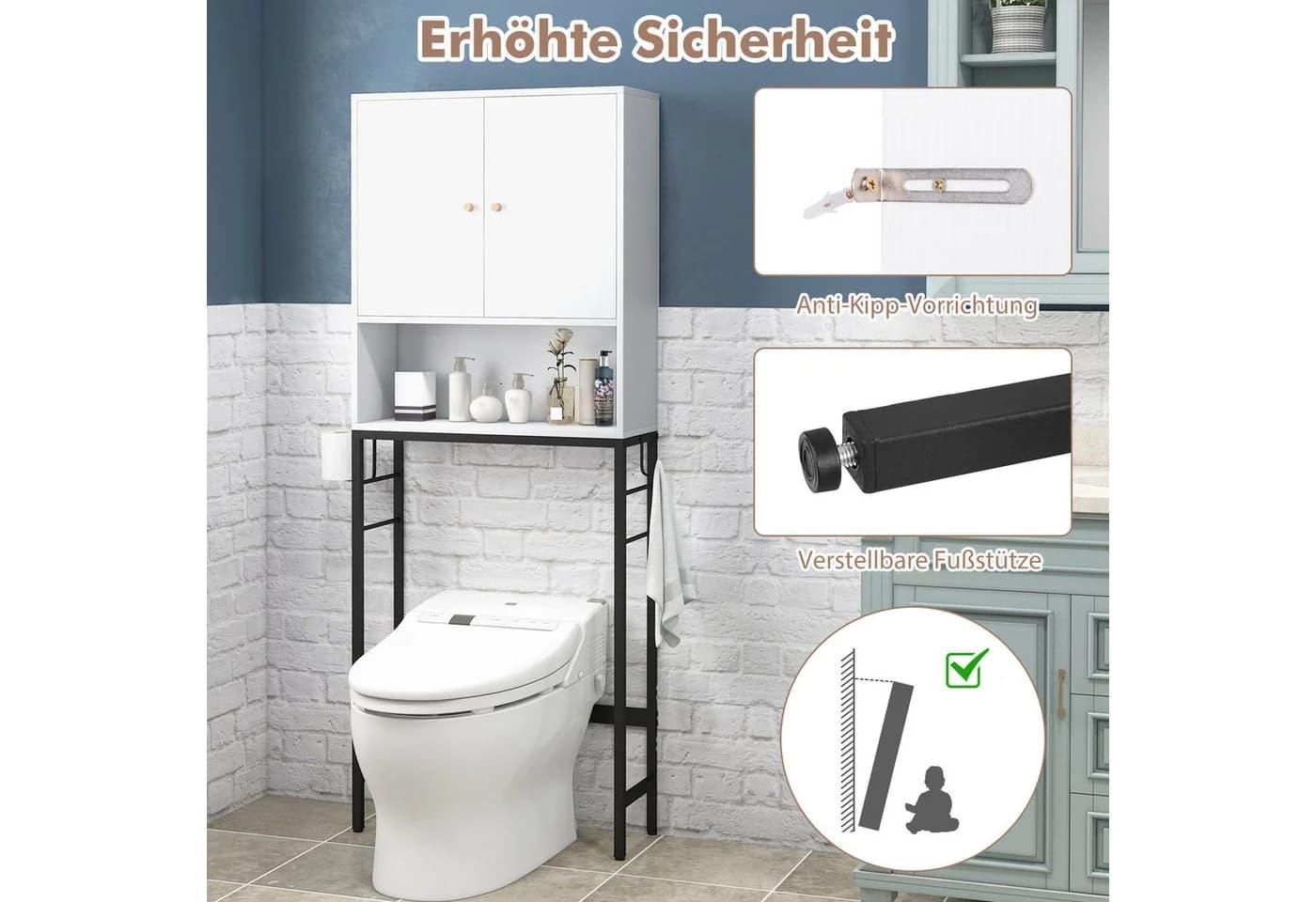 COSTWAY Badregal 3 Ebenen Weiß mit 2 Türen & Haken - Bild 5