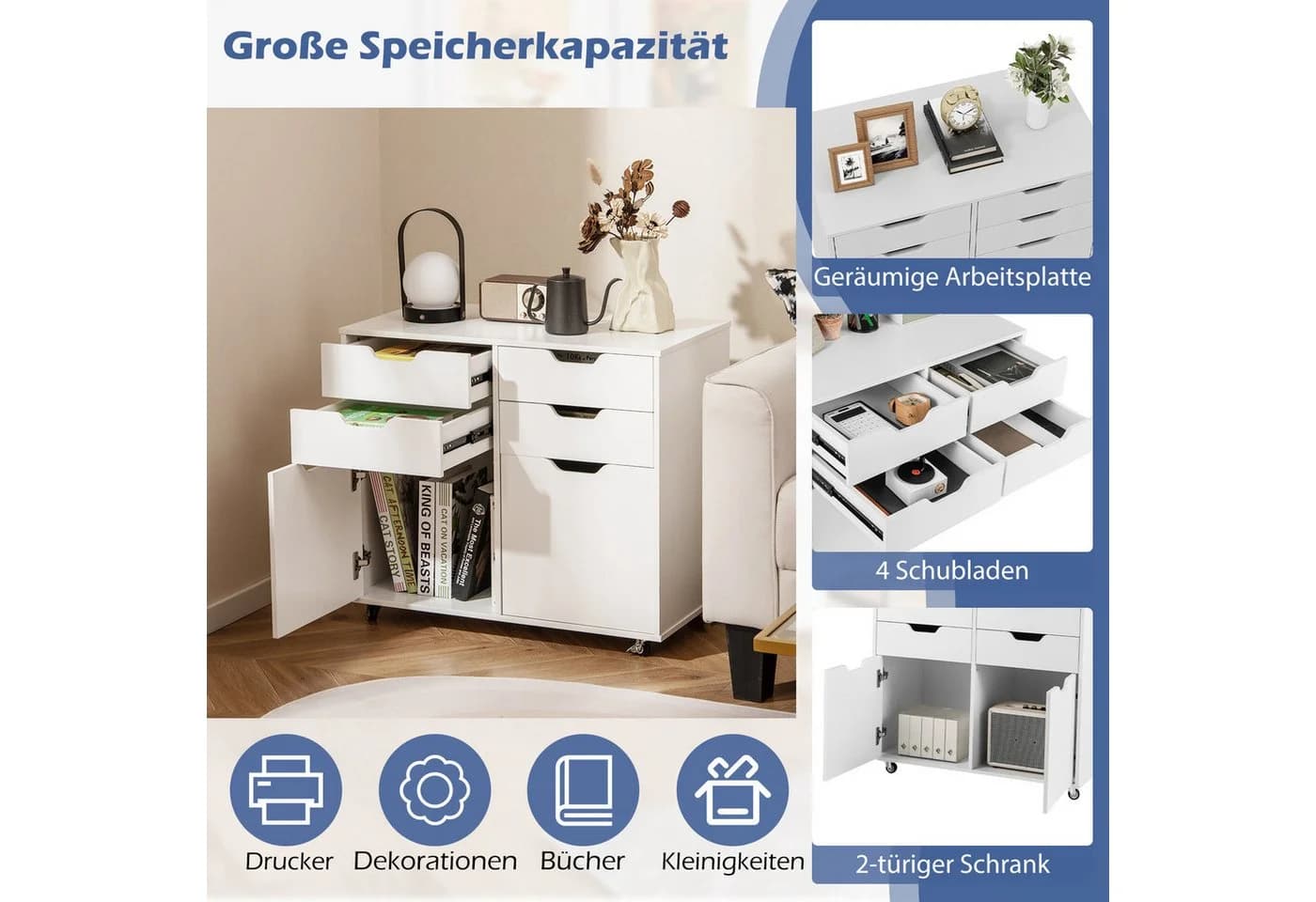 COSTWAY Rollcontainer mit 4 Schubladen, 2 Türen, Büroschrank mit Rollen