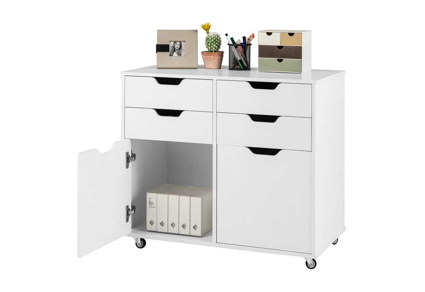 COSTWAY Rollcontainer mit 4 Schubladen, 2 Türen, Büroschrank mit Rollen - Bild 2
