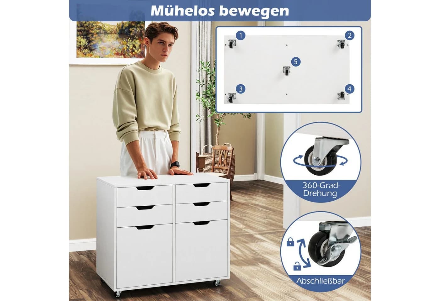 COSTWAY Rollcontainer mit 4 Schubladen, 2 Türen, Büroschrank mit Rollen - Bild 3