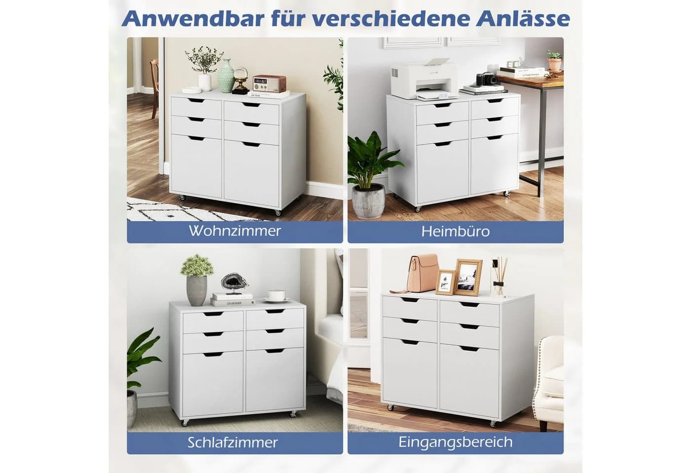 COSTWAY Rollcontainer mit 4 Schubladen, 2 Türen, Büroschrank mit Rollen - Bild 4