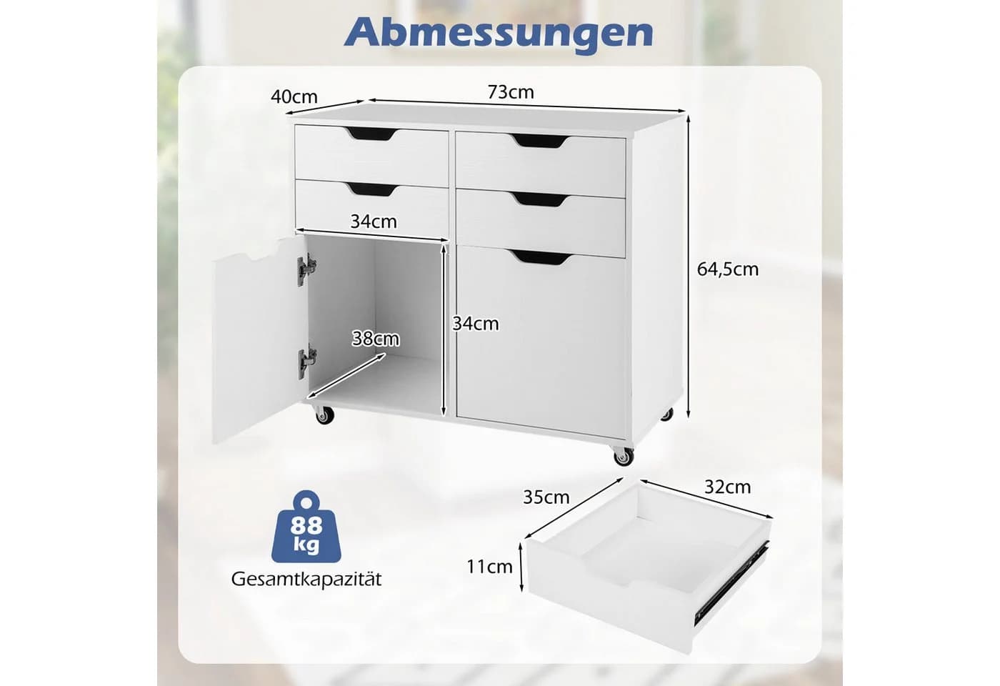 COSTWAY Rollcontainer mit 4 Schubladen, 2 Türen, Büroschrank mit Rollen - Bild 5