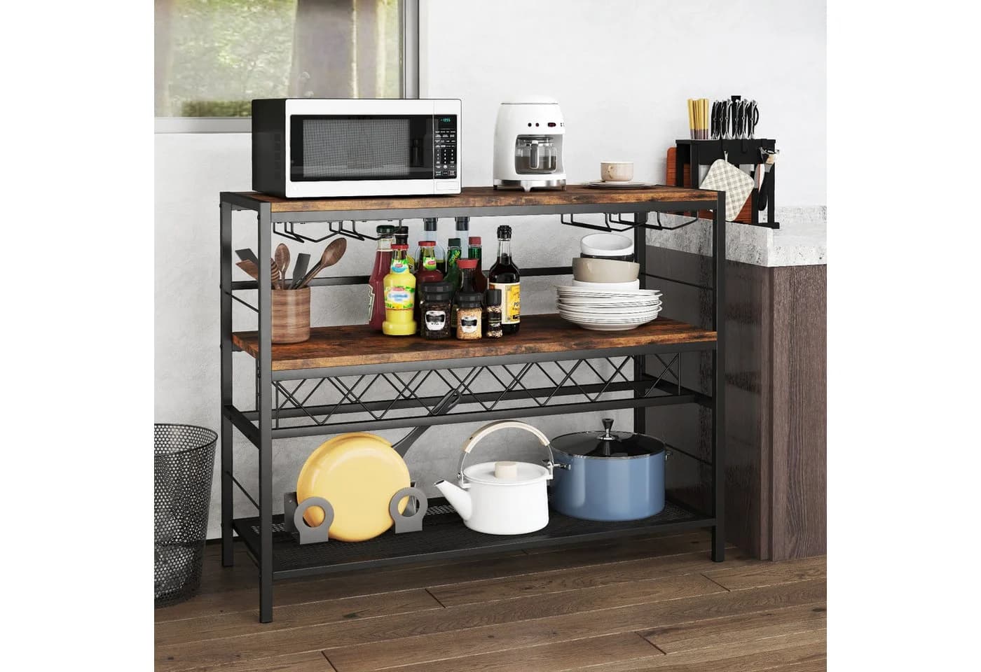 COSTWAY Weinschrank Rustikales Braun mit 4 Reihen Glashalter & Weinregal