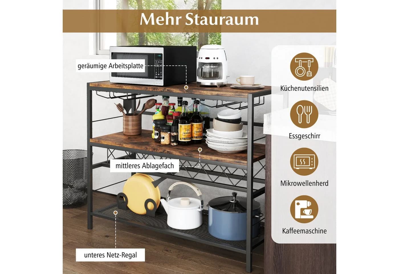 COSTWAY Weinschrank Rustikales Braun mit 4 Reihen Glashalter & Weinregal - Bild 3