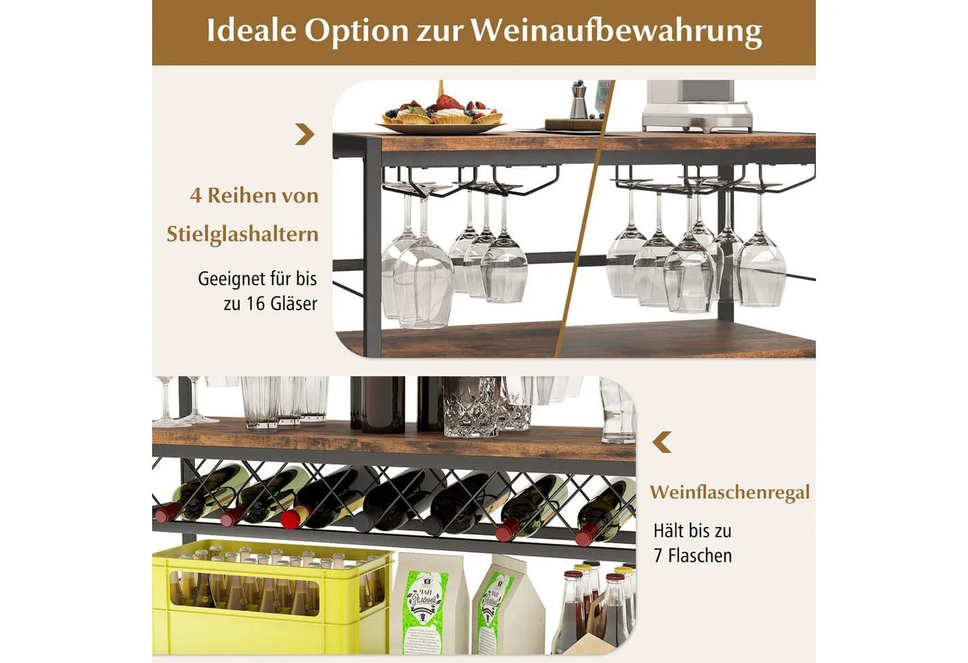 COSTWAY Weinschrank Rustikales Braun mit 4 Reihen Glashalter & Weinregal - Bild 4