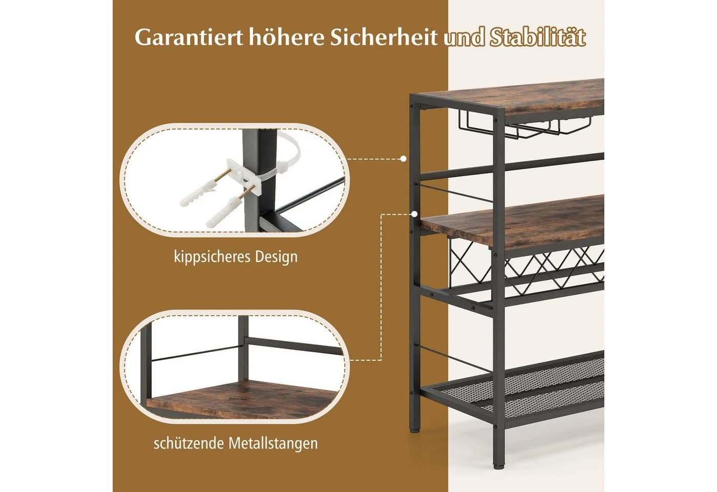 COSTWAY Weinschrank Rustikales Braun mit 4 Reihen Glashalter & Weinregal - Bild 5
