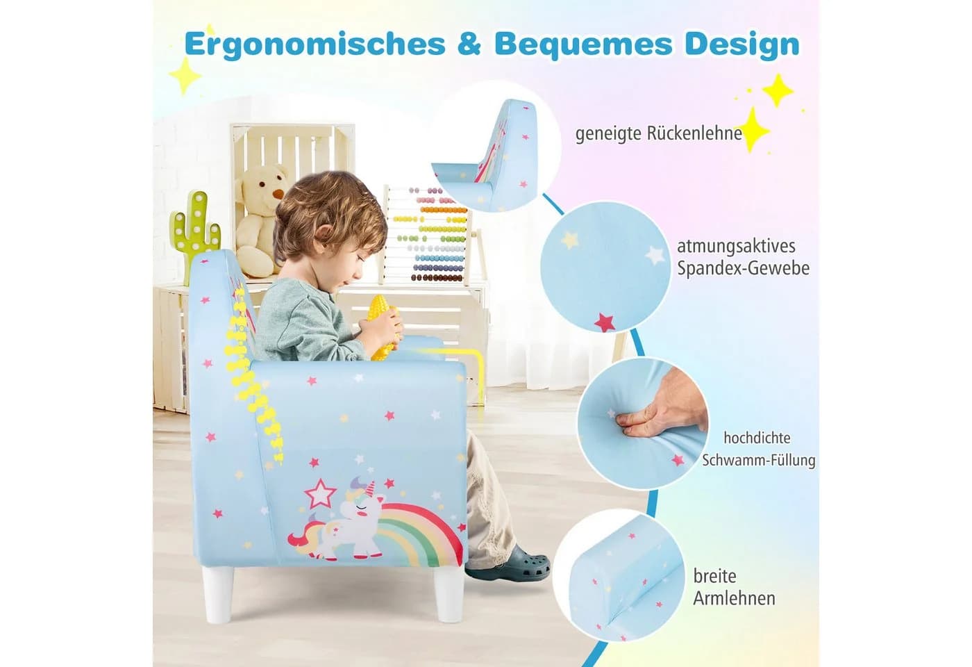 COSTWAY Kindersofa Einhorn Blau mit Spandex-Bezug