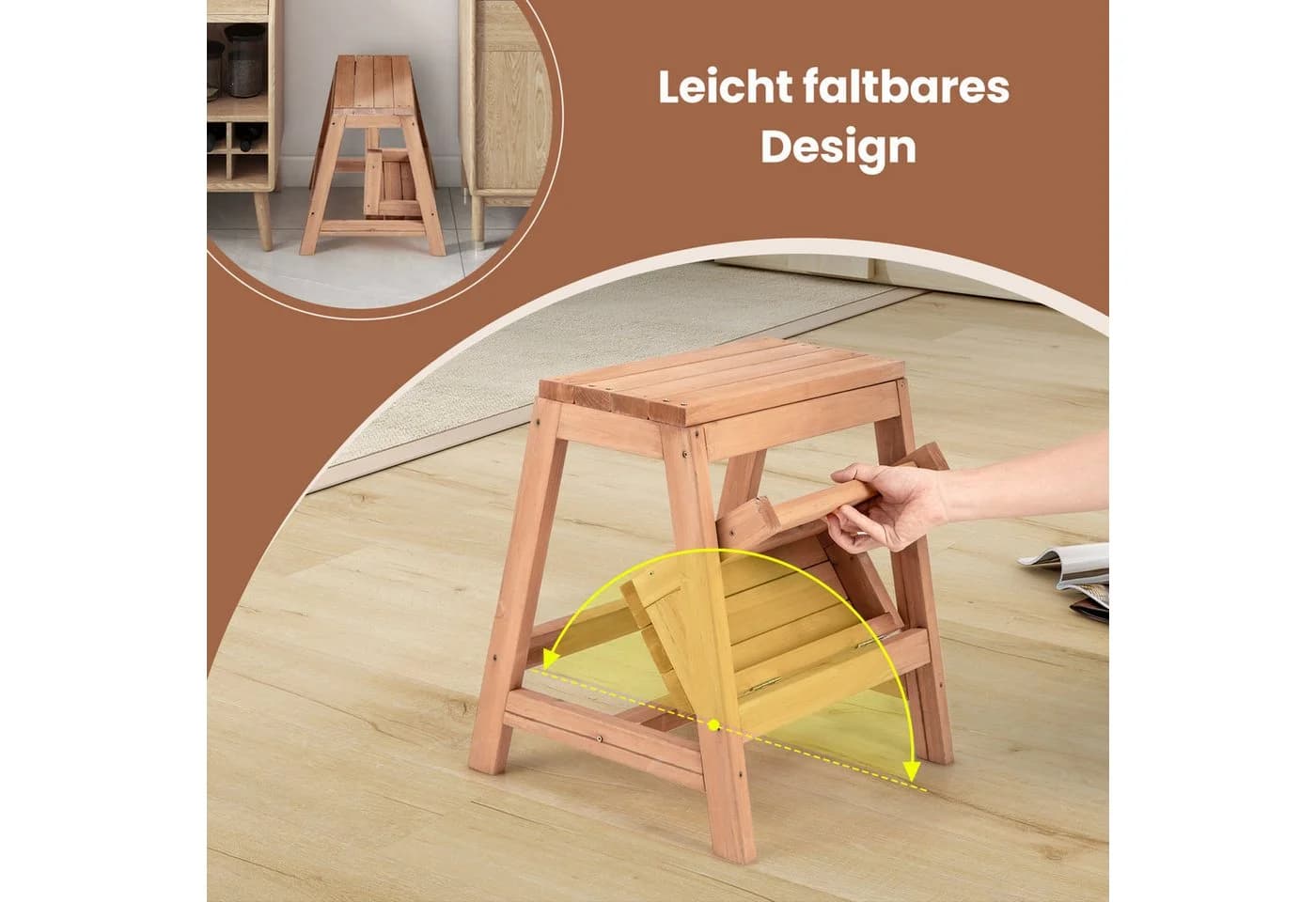 COSTWAY Trittleiter 2-stufig klappbar Fichtenholz Natur - Bild 3