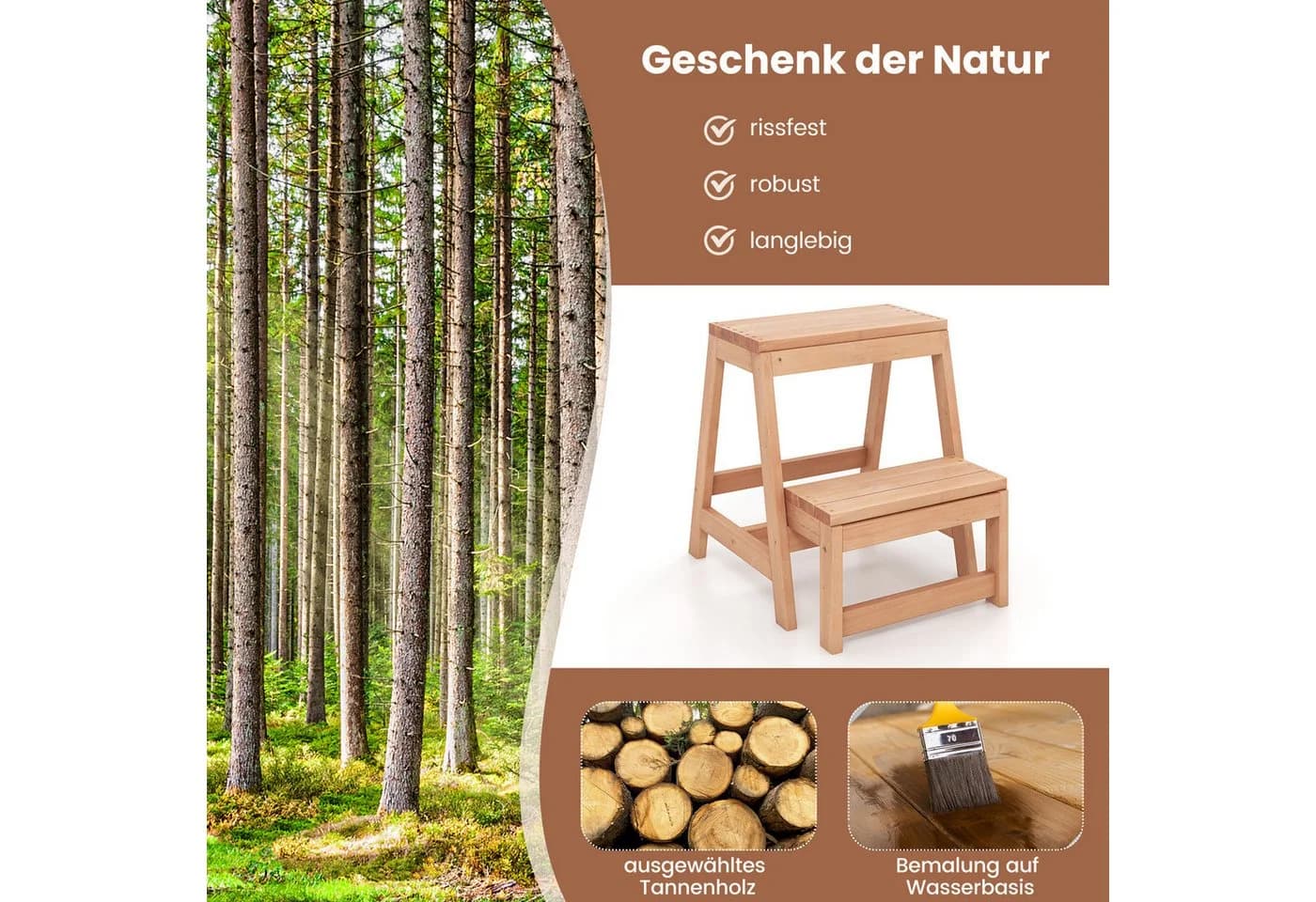 COSTWAY Trittleiter 2-stufig klappbar Fichtenholz Natur - Bild 4