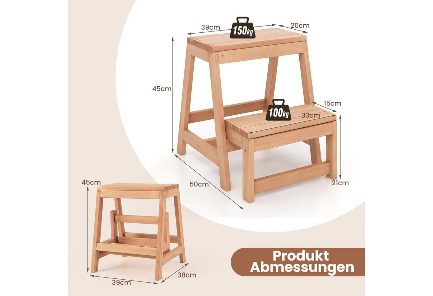 COSTWAY Trittleiter 2-stufig klappbar Fichtenholz Natur - Bild 5
