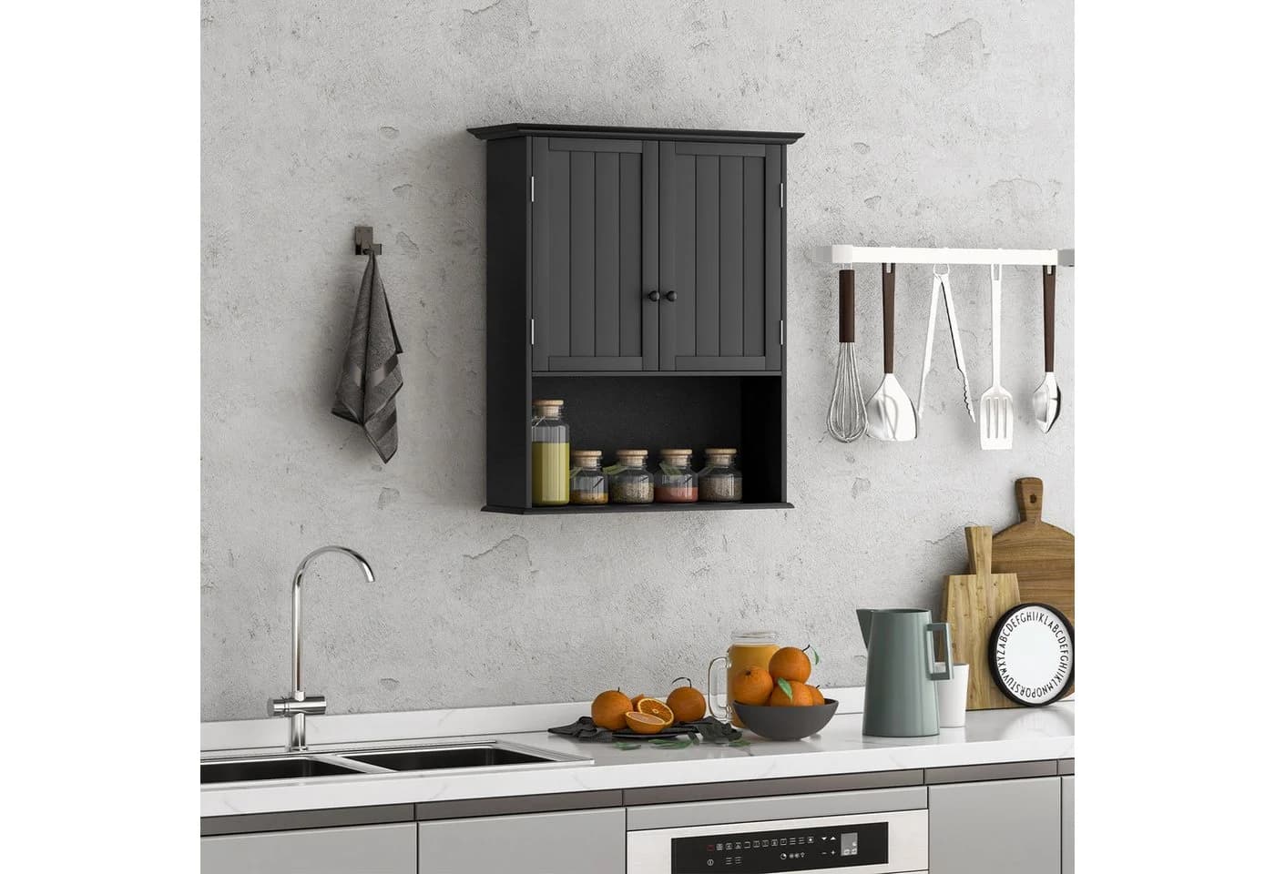 COSTWAY Hängeschrank Badschrank Schwarz Wandmontage