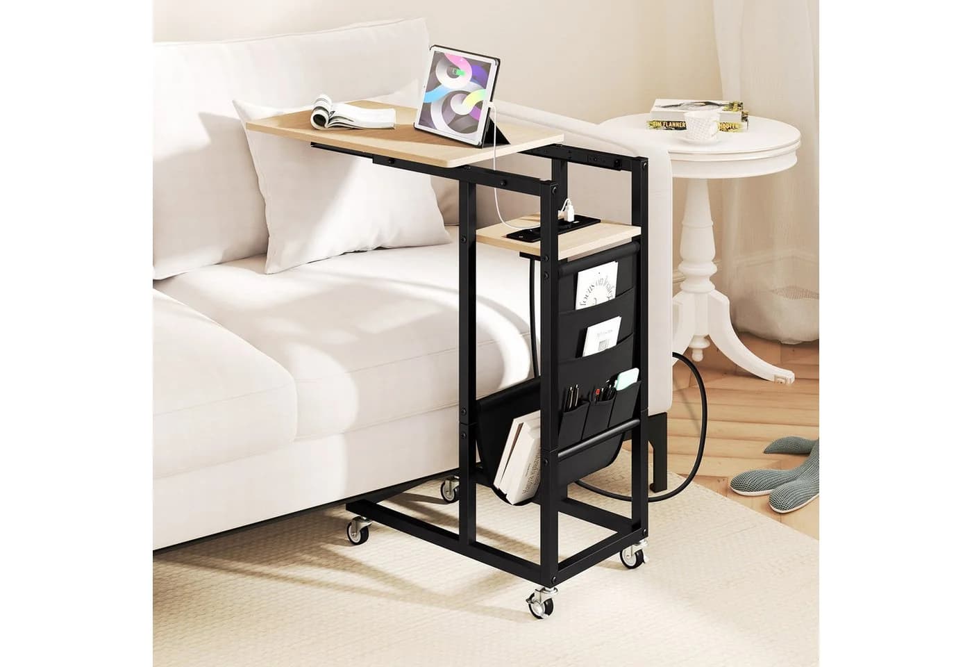 COSTWAY Beistelltisch C-förmig Braun/Schwarz mit Ladestation