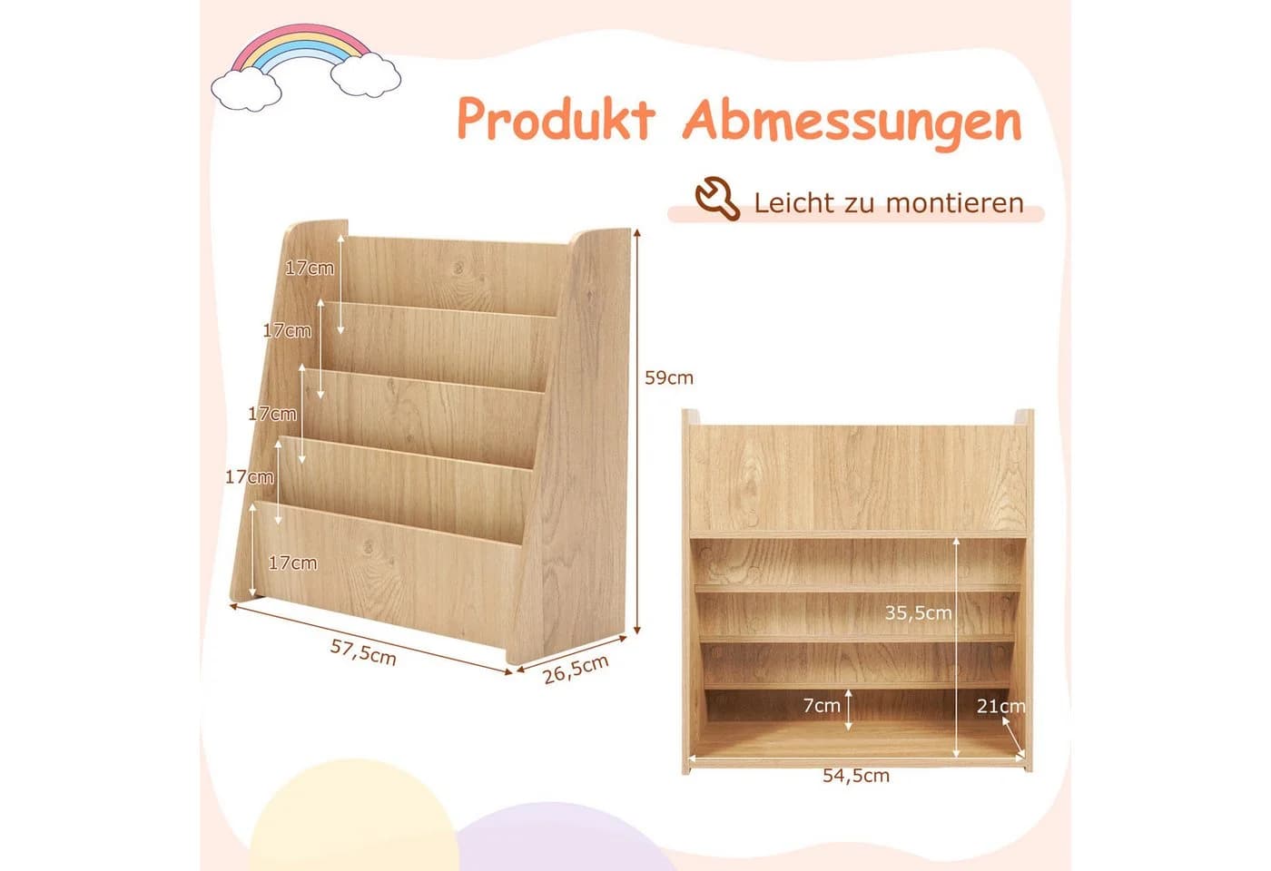 COSTWAY Kinderregal 4 Ablagefächer 57,5 x 26,5 x 59 cm Natur - Bild 3