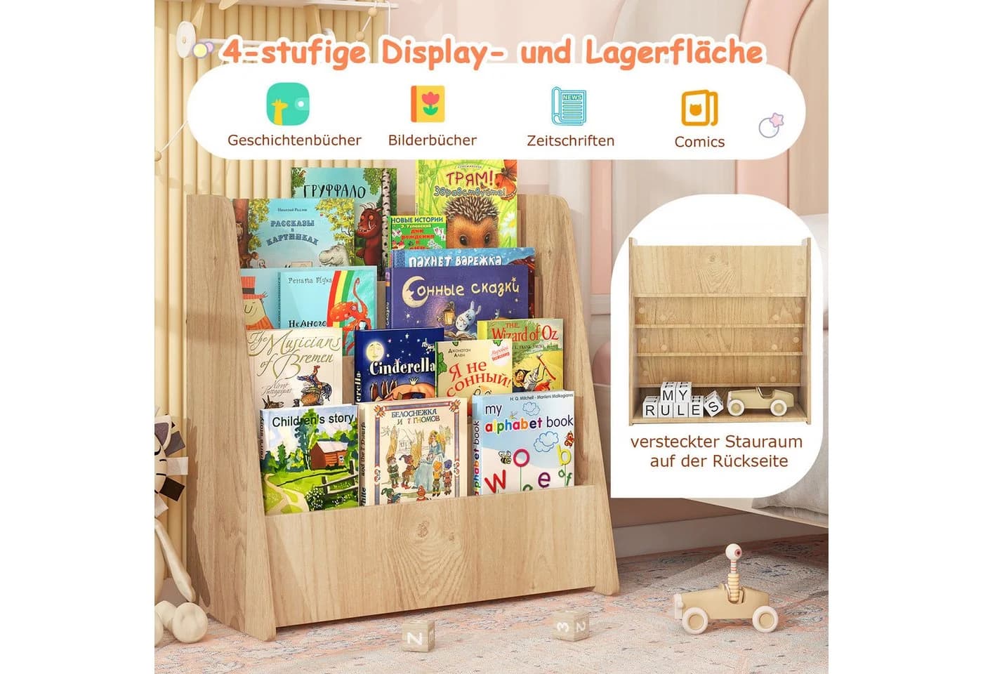 COSTWAY Kinderregal 4 Ablagefächer 57,5 x 26,5 x 59 cm Natur - Bild 4