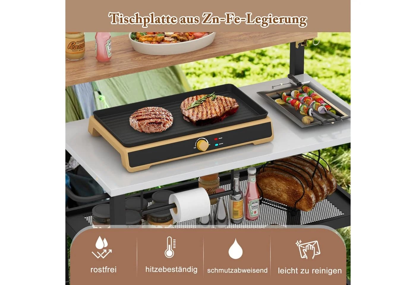 COSTWAY Grillablagetisch Schwarz mit Rädern und Klappbarer Tischplatte - Bild 5