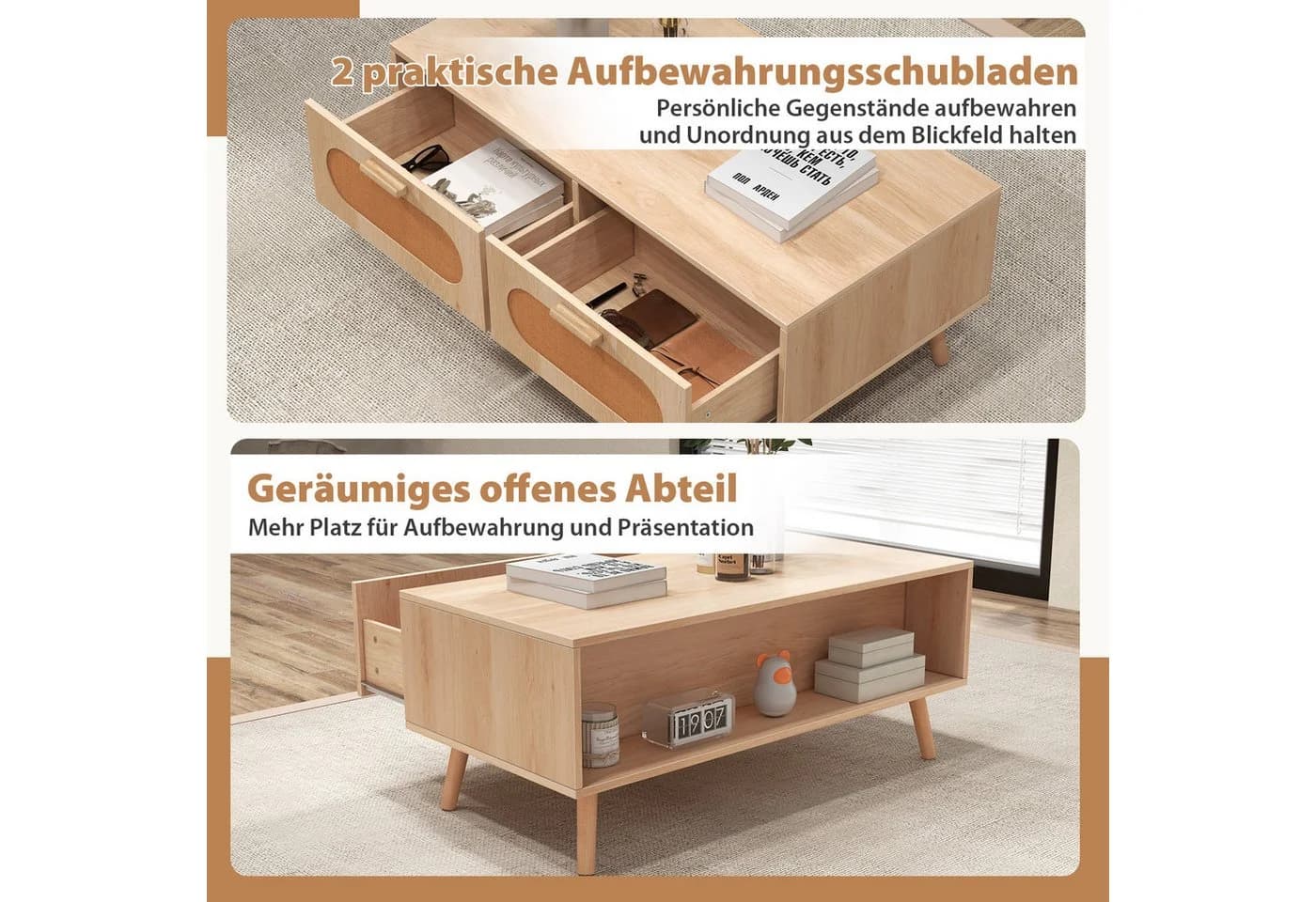 COSTWAY Couchtisch Rattan mit Schubladen und massiven Holzbeinen - Bild 3