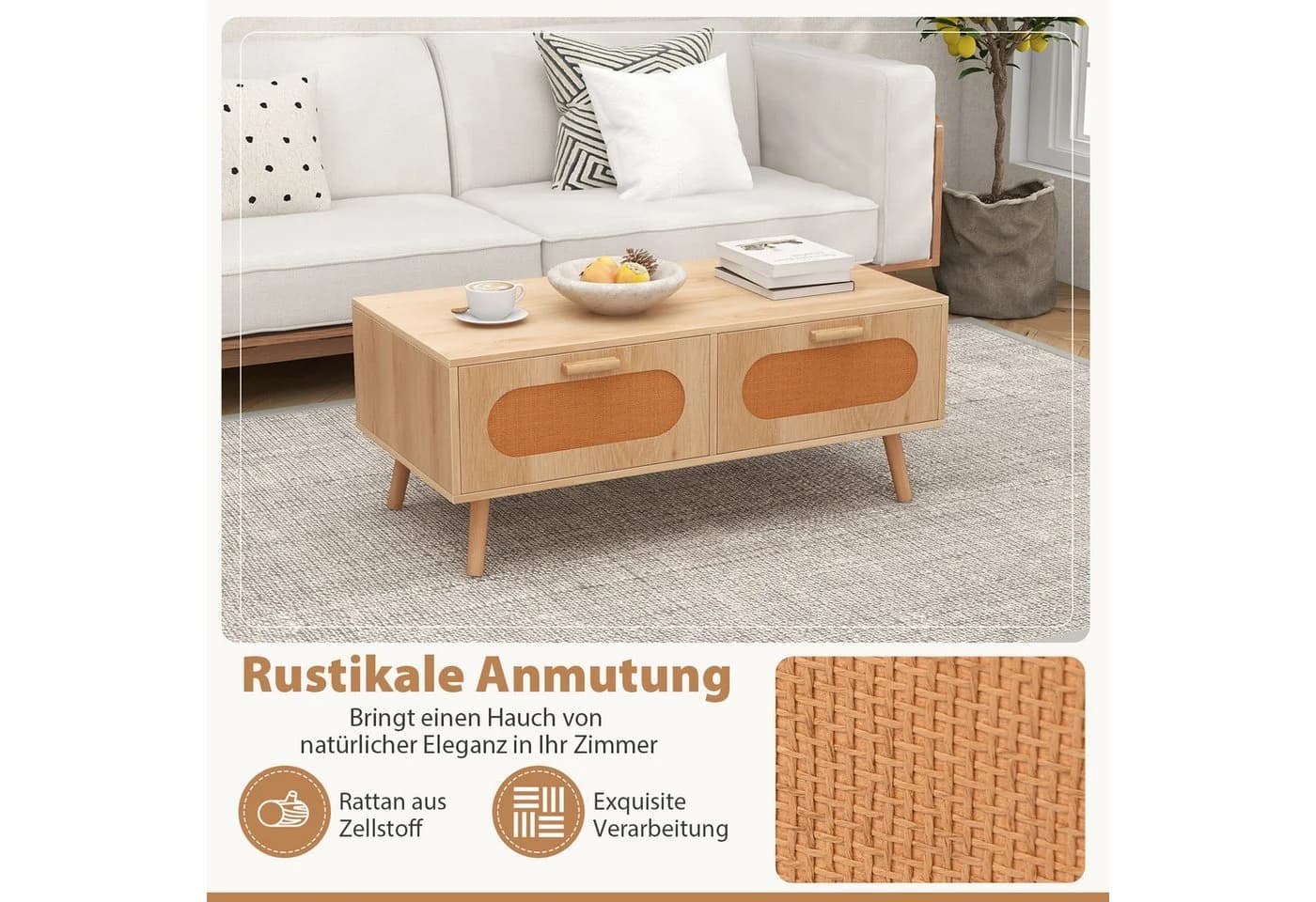 COSTWAY Couchtisch Rattan mit Schubladen und massiven Holzbeinen - Bild 4