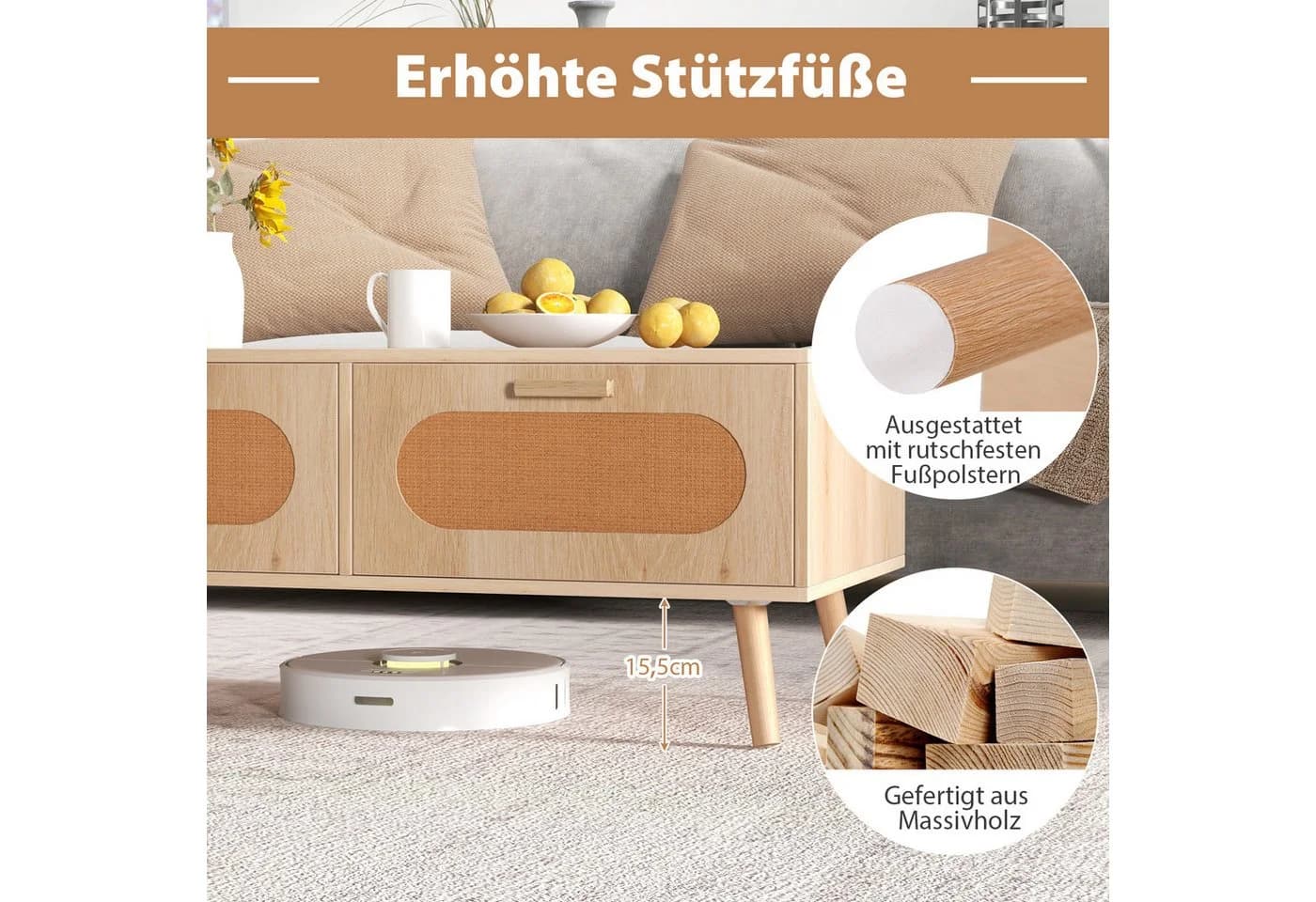 COSTWAY Couchtisch Rattan mit Schubladen und massiven Holzbeinen - Bild 5