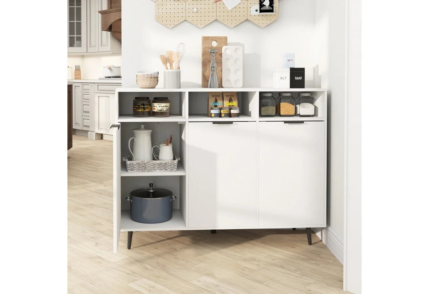 COSTWAY Küchenbuffet mit Arbeitsplatte & verstellbaren Regalen, Sideboard Holz Weiß