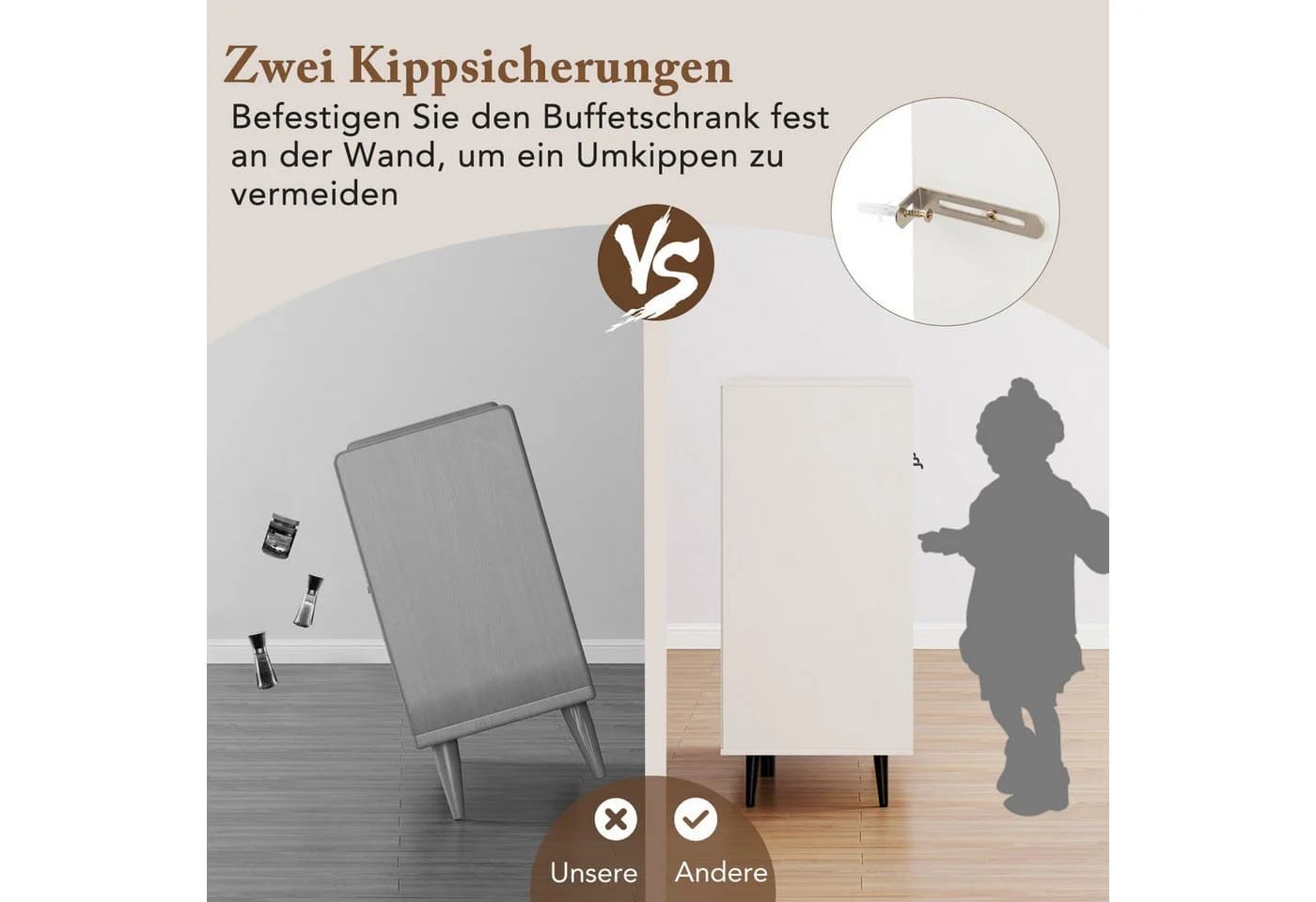 COSTWAY Küchenbuffet mit Arbeitsplatte & verstellbaren Regalen, Sideboard Holz Weiß - Bild 5