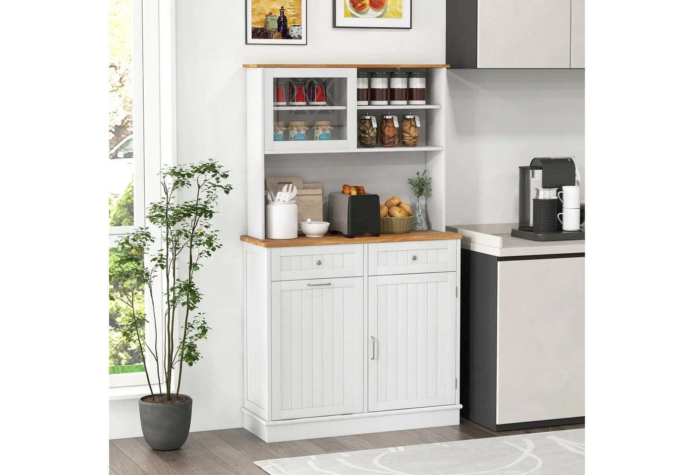 COSTWAY Küchenbuffet 38L Mülleimer Arbeitsplatte Hochschrank Weiß