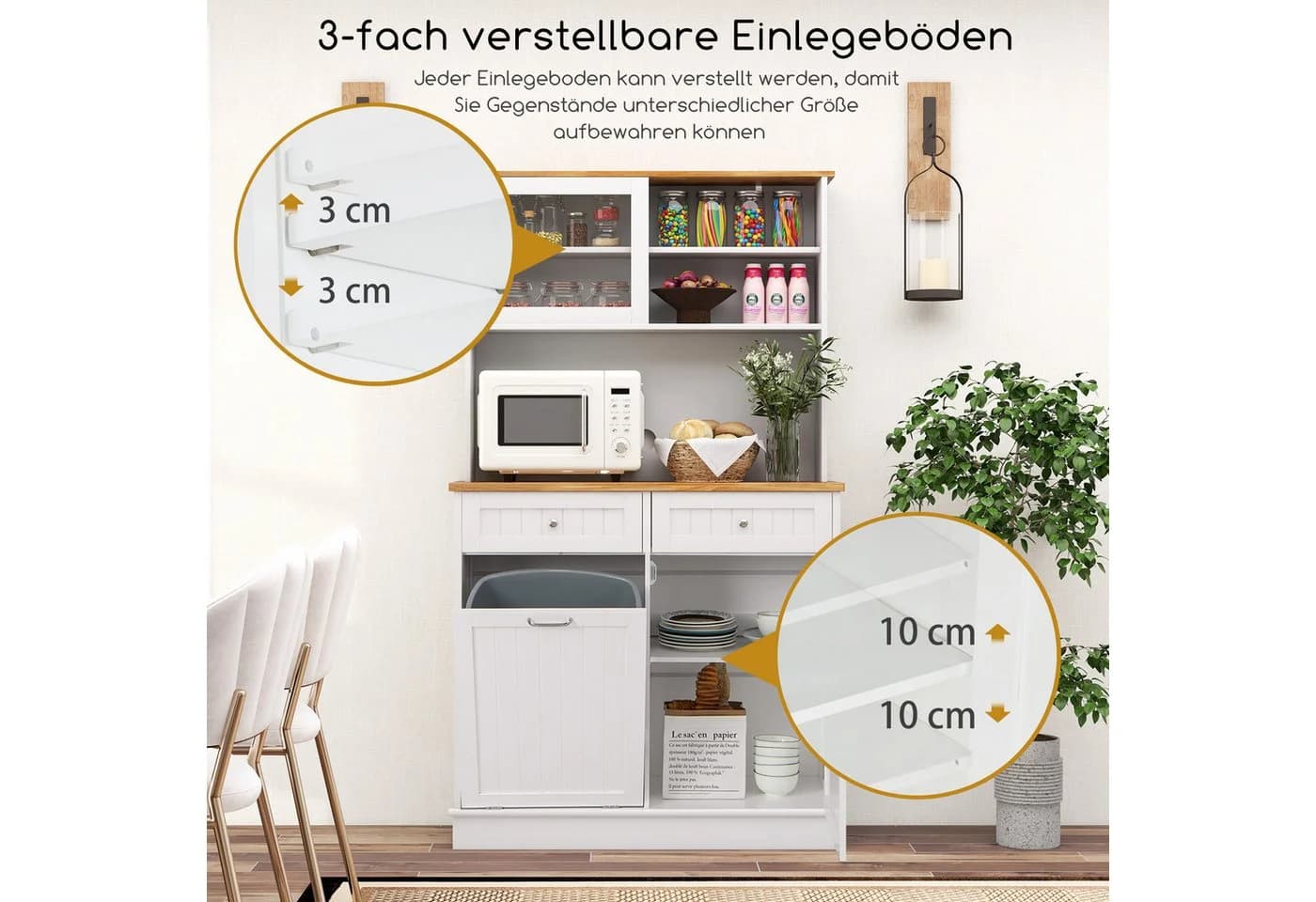 COSTWAY Küchenbuffet 38L Mülleimer Arbeitsplatte Hochschrank Weiß - Bild 3