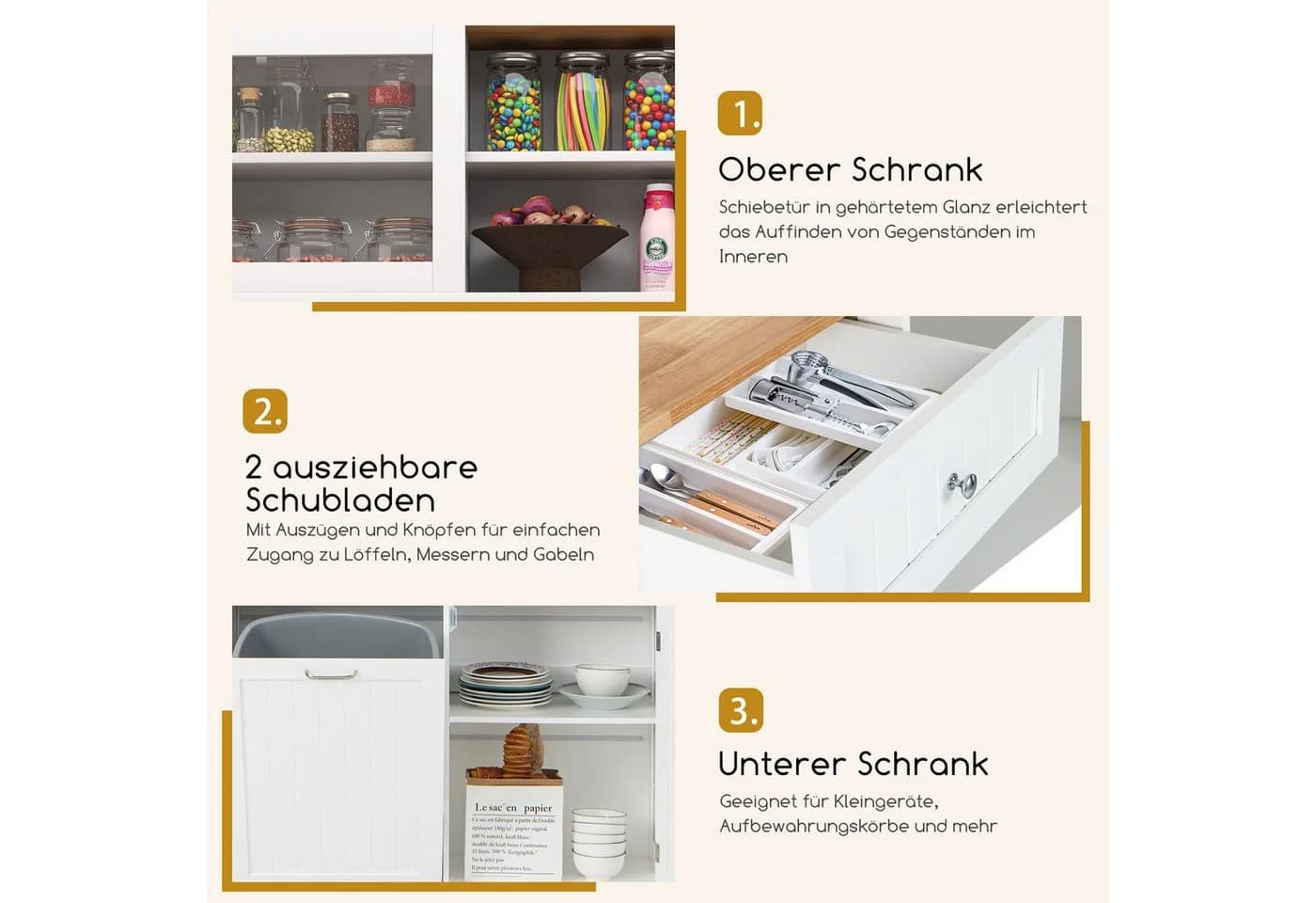 COSTWAY Küchenbuffet 38L Mülleimer Arbeitsplatte Hochschrank Weiß - Bild 5