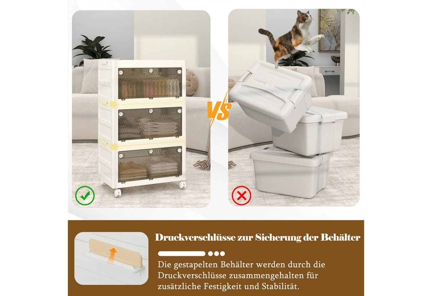 COSTWAY Aufbewahrungsbox 3er Set Stapelboxen faltbar auf Rollen - Bild 4