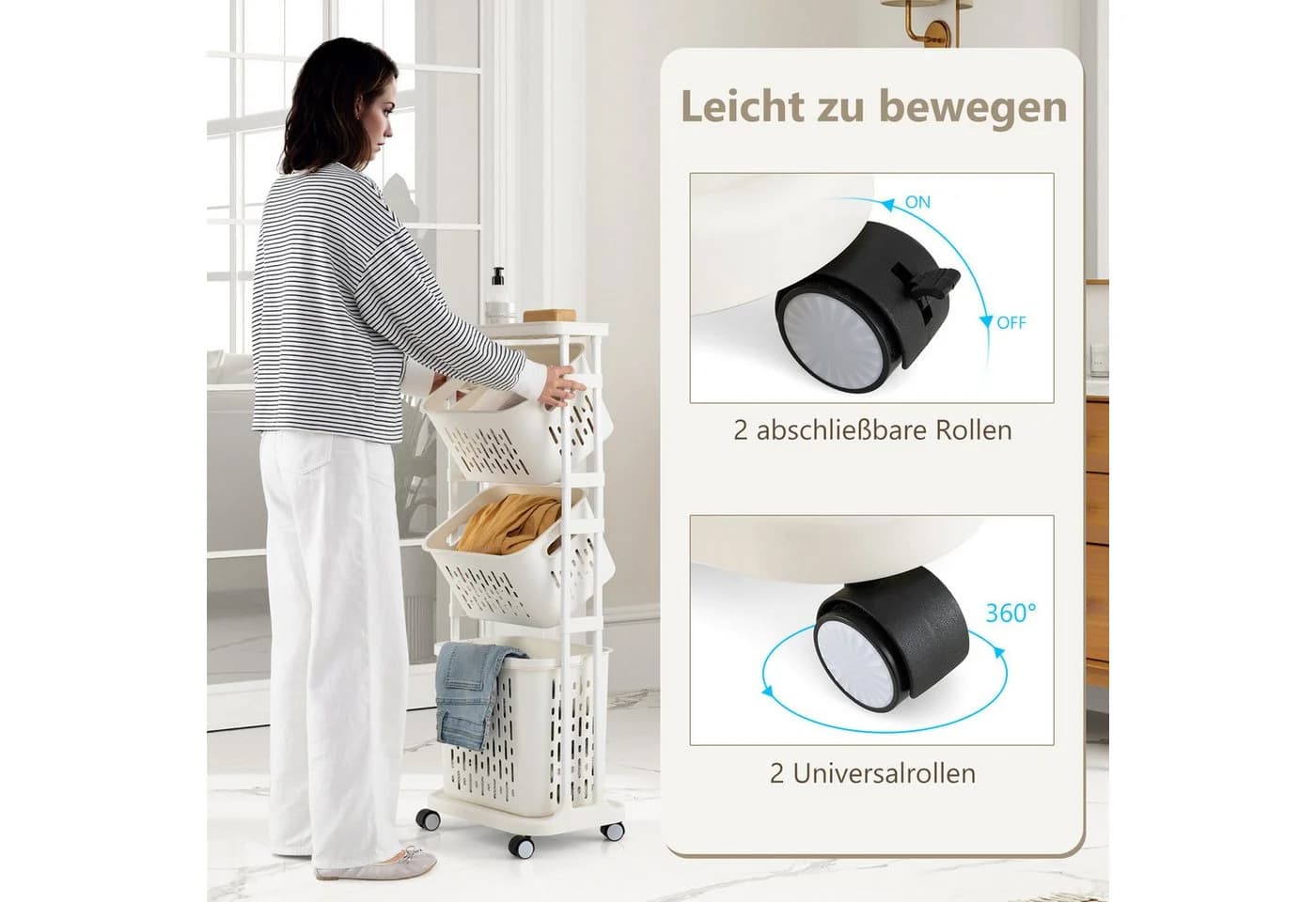 KOMFOTTEU Wäschekorb 3-stufiger Wäschesortierwagen Weiß - Bild 4