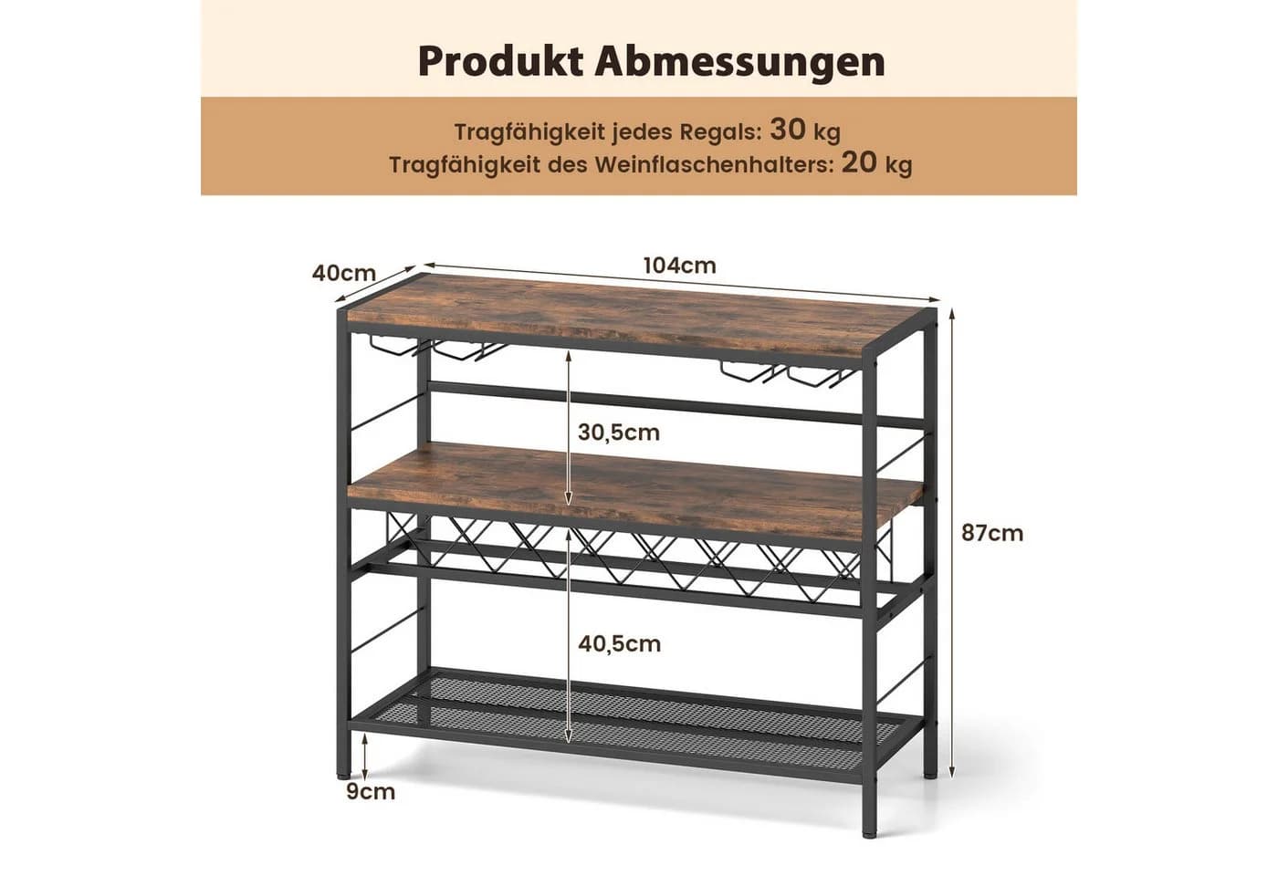 KOMFOTTEU Küchenregal 3 Ebenen für 7 Flaschen mit 4 Glashaltern Braun - Bild 3